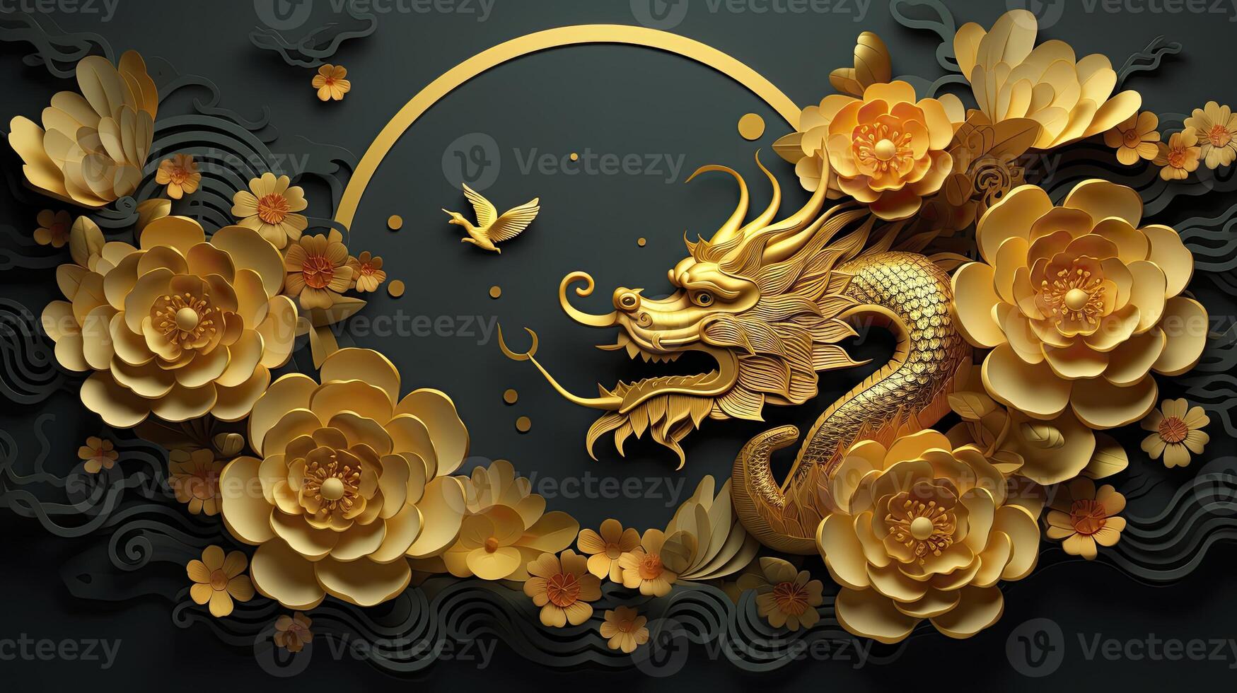 AI generated Happy chinese new year 2024 the dragon zodiac sign with flower,lantern,asian elements gold paper cut style on color background. luxury style. copy space. photo