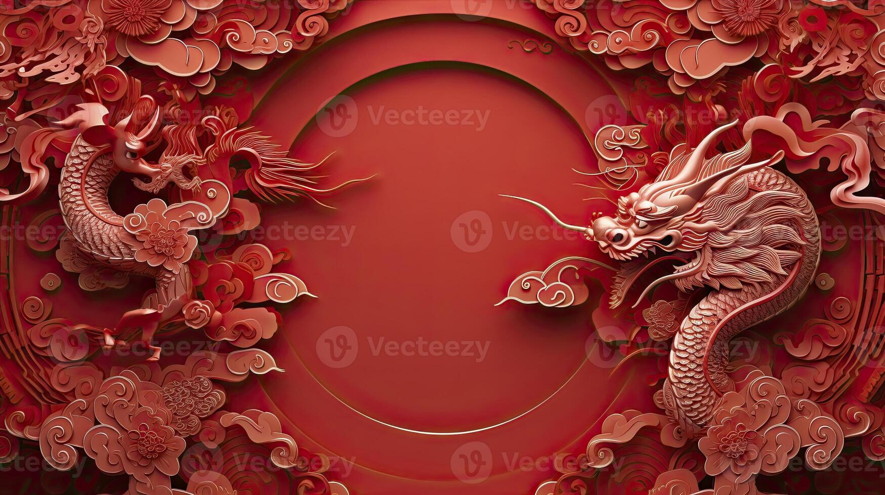 AI generated Chinese New Year theme plain background with dragon sign, typical Chinese frames on each side. luxury style of paper cut art. photo