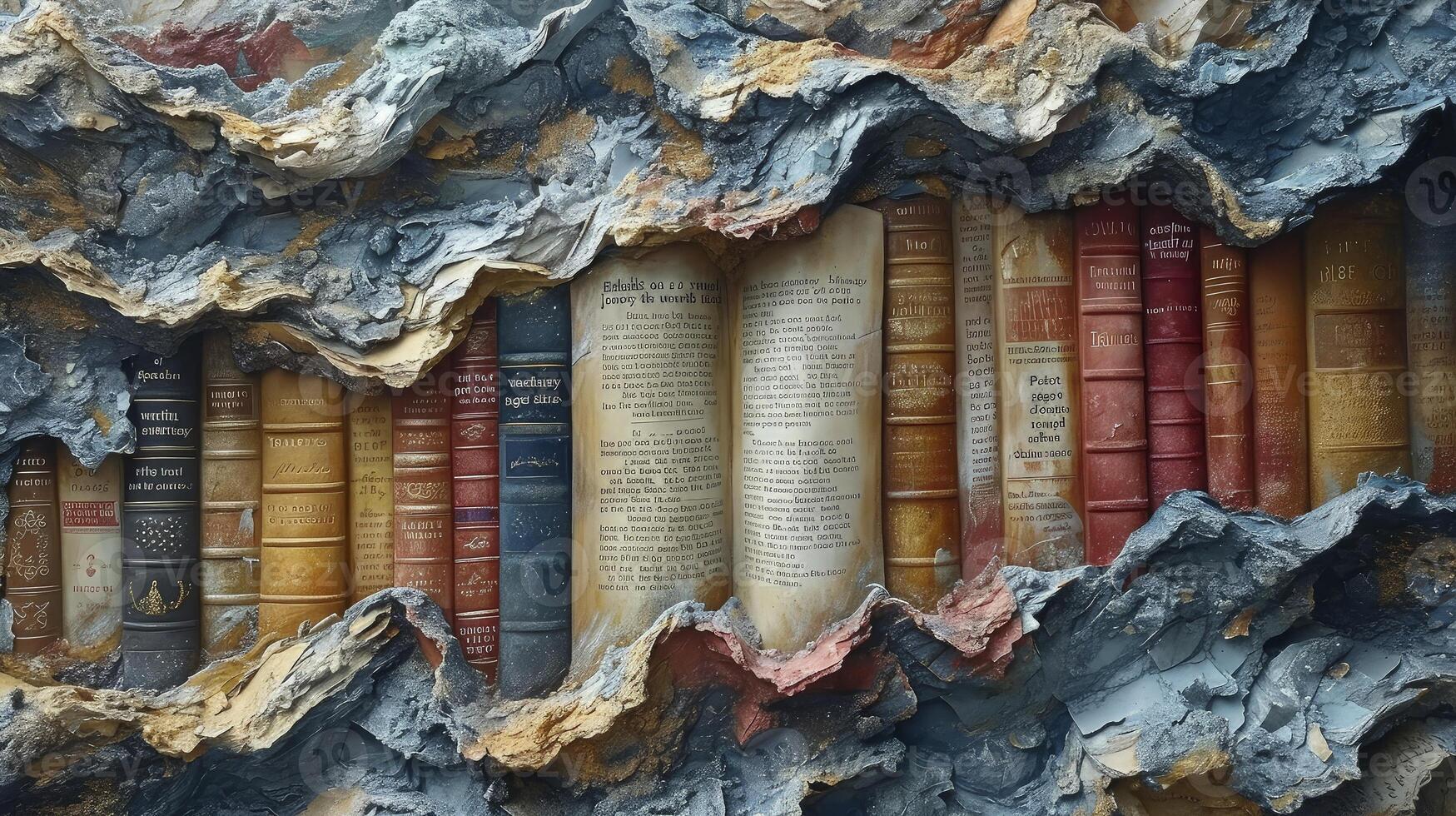 AI generated Pile of old parchment paper and vintage texture background of old damaged books. photo