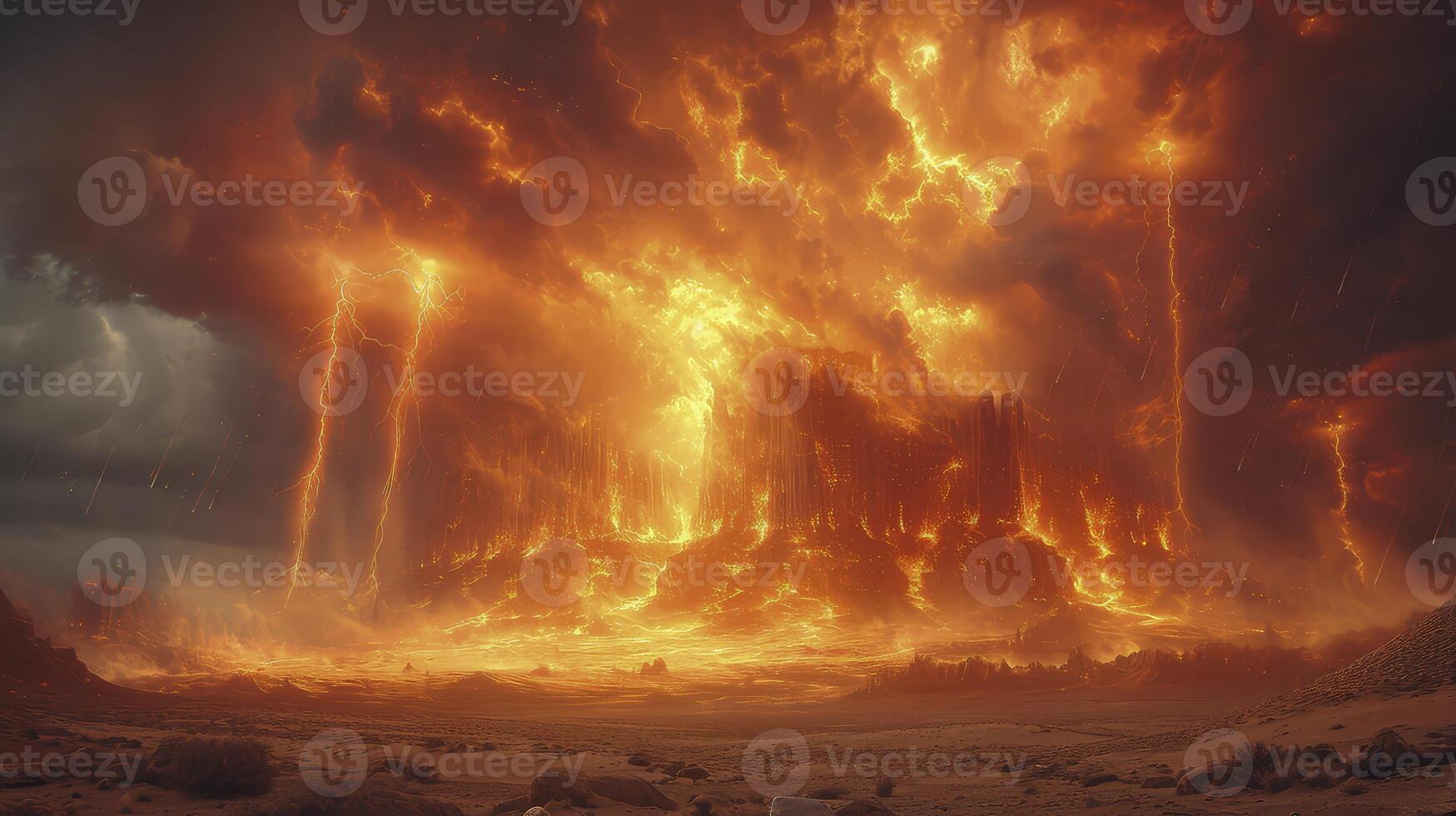 AI generated a dramatic atmosphere with sand tornadoes in the desert at night, illuminated by fiery lightning bolts. photo