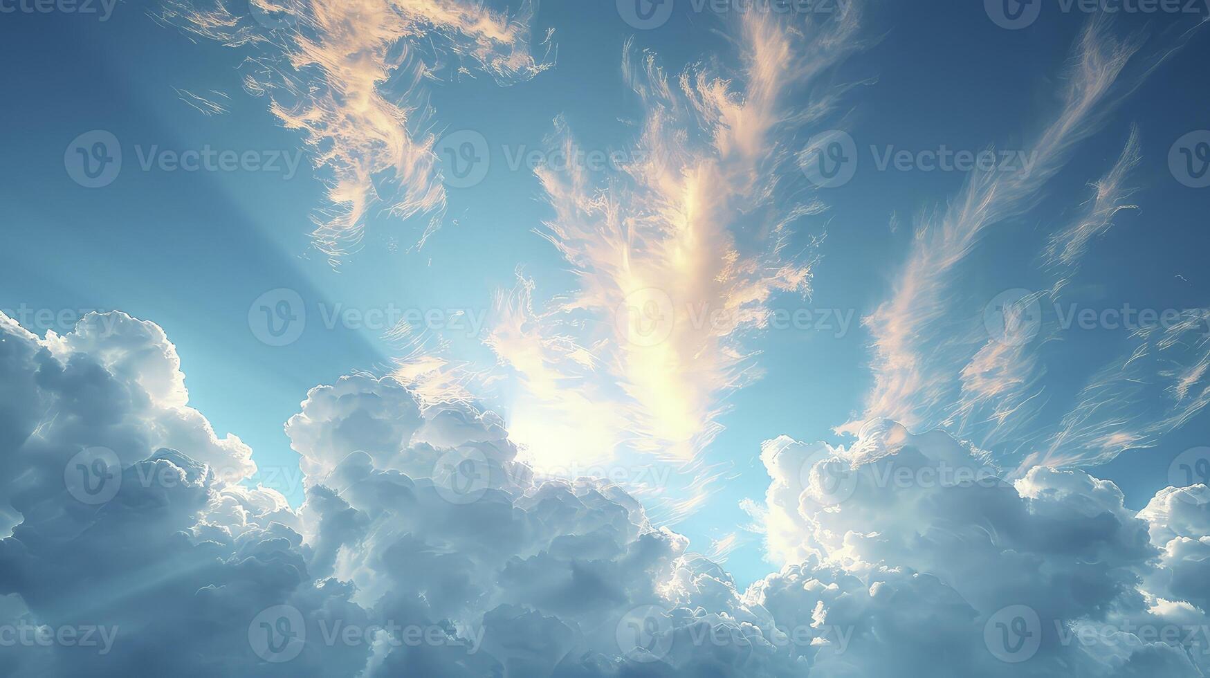 AI generated a clear blue sky scene with a trail of wispy Cirrus clouds and fine grains. photo