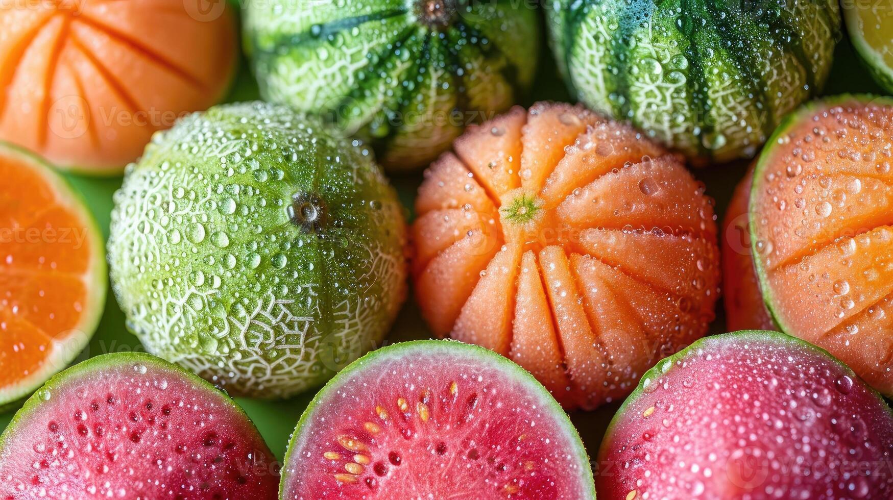 AI generated colorful fresh fruit pieces background. photo