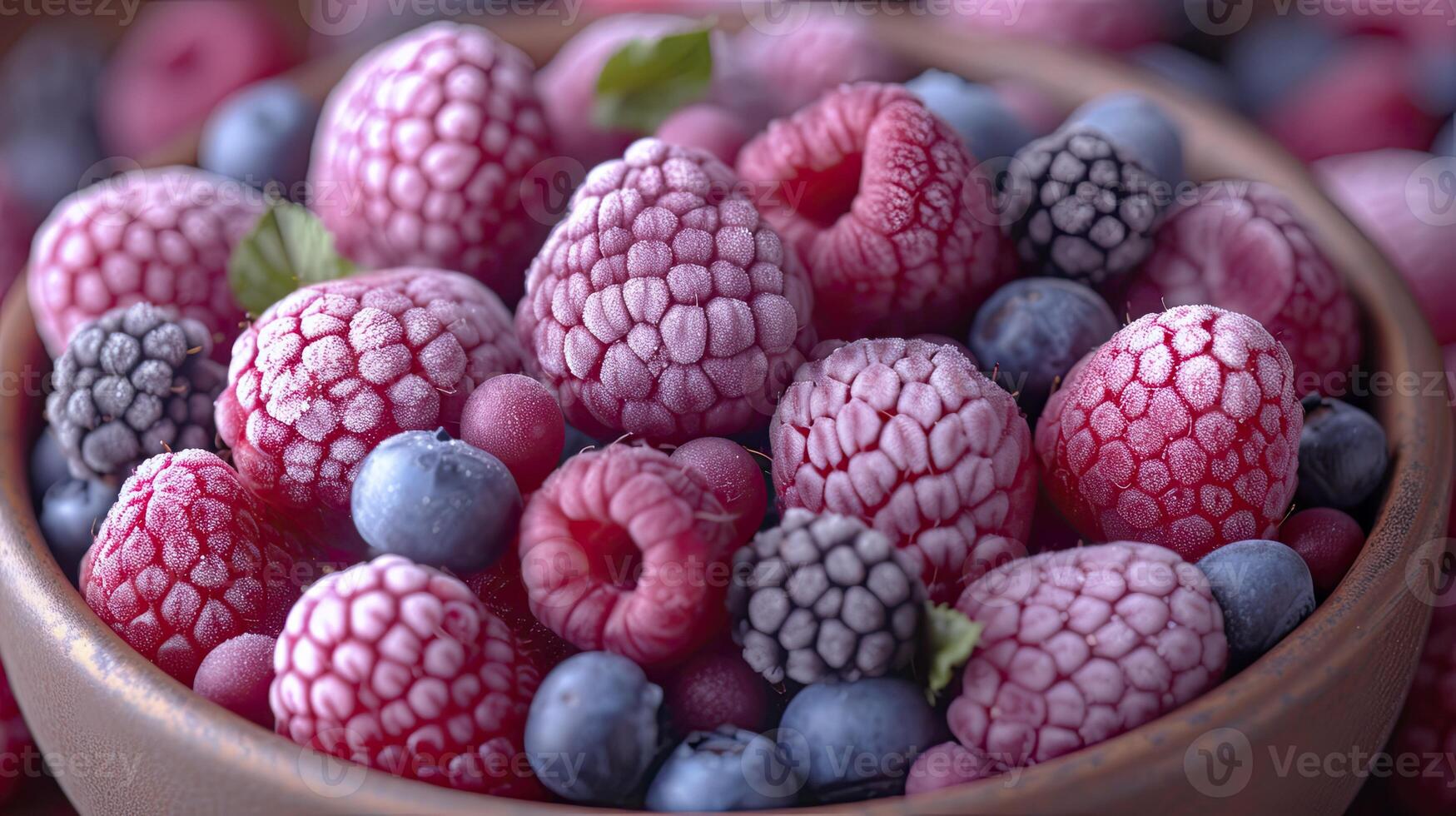 AI generated Frozen Berry Medley Strawberries, Blueberries, frozen berries background. photo