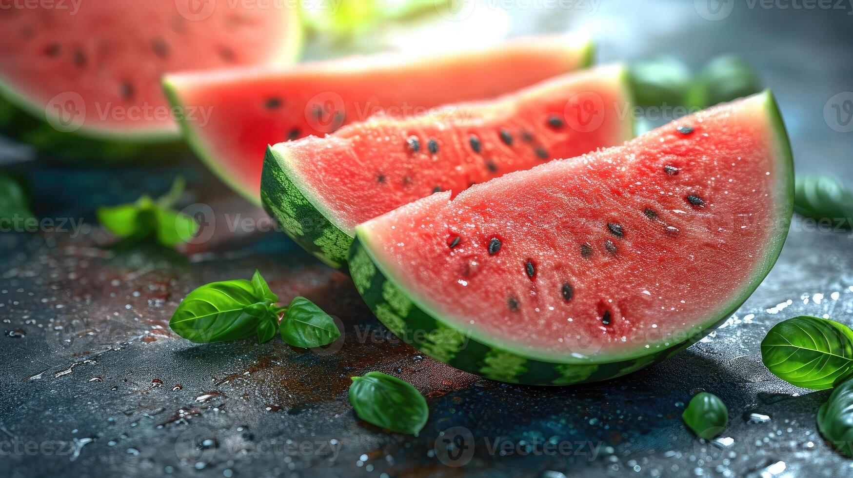 AI generated Slices watermelon with vibrant red and green hues, shot from an overhead perspective. photo