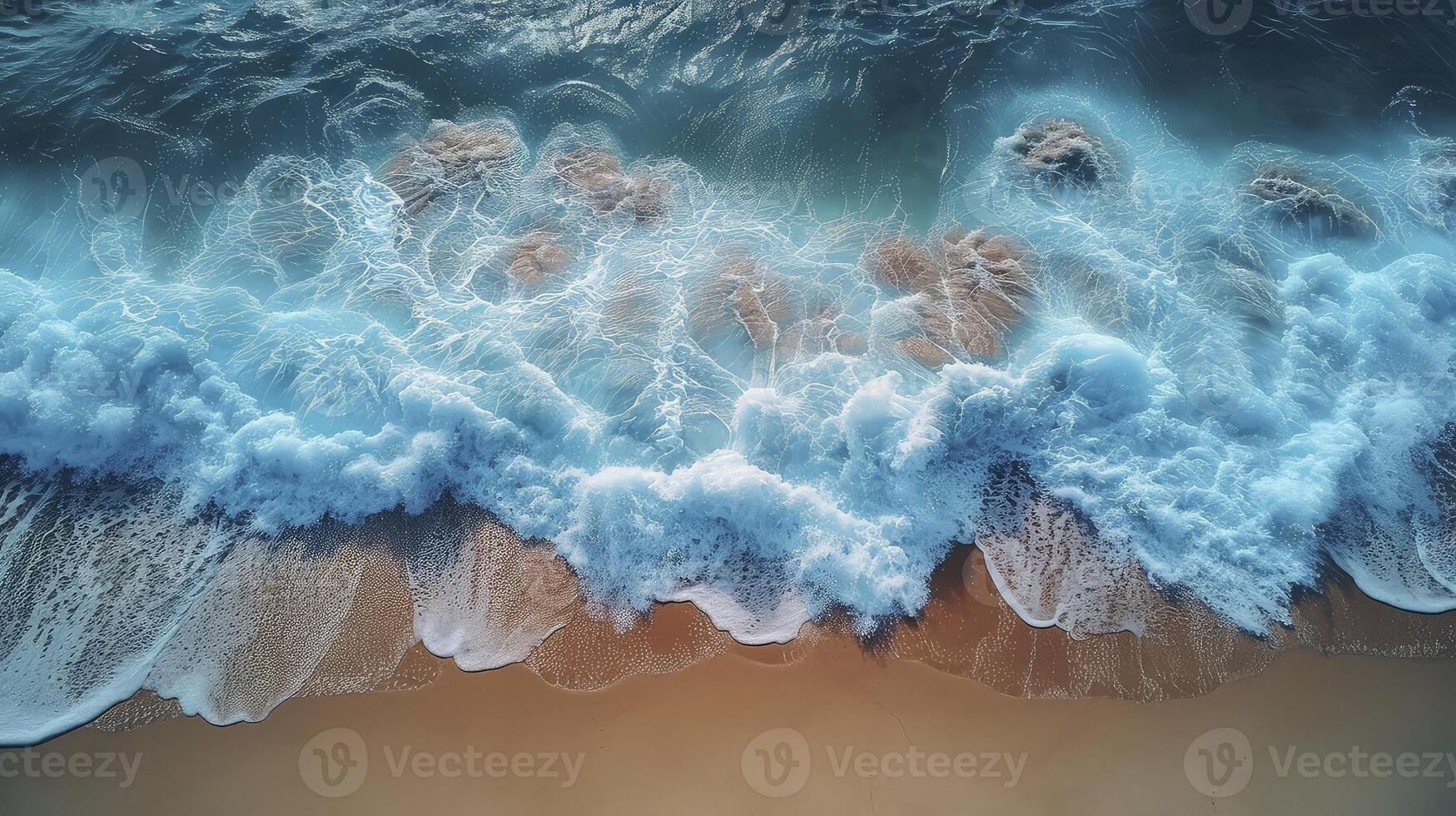 AI generated Beautiful blue ocean waves on clean sandy beach background. Summer vacation background concept. photo