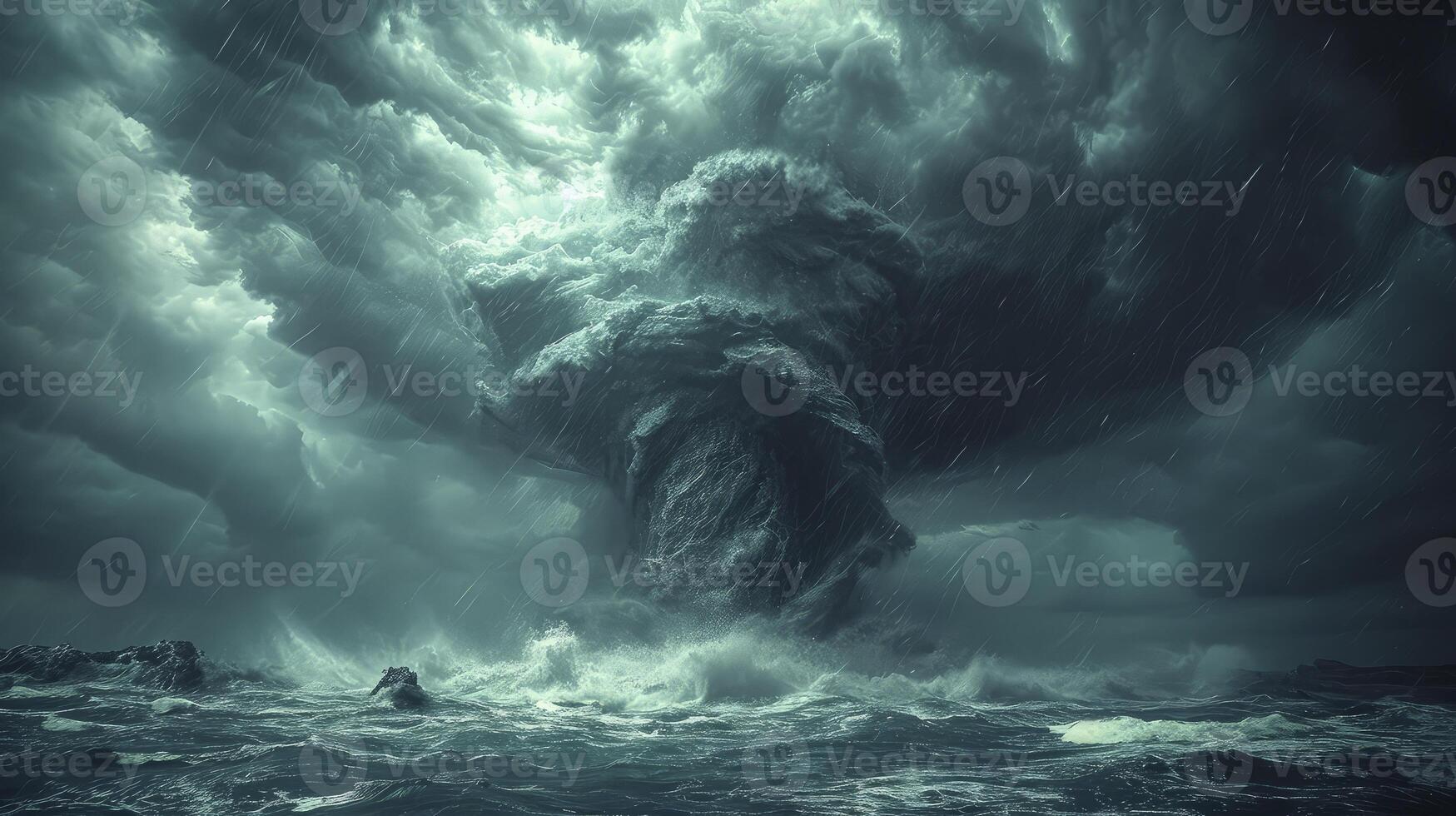 AI generated a tornado storm in a tropical ocean accompanied by heavy rain and strong winds. photo