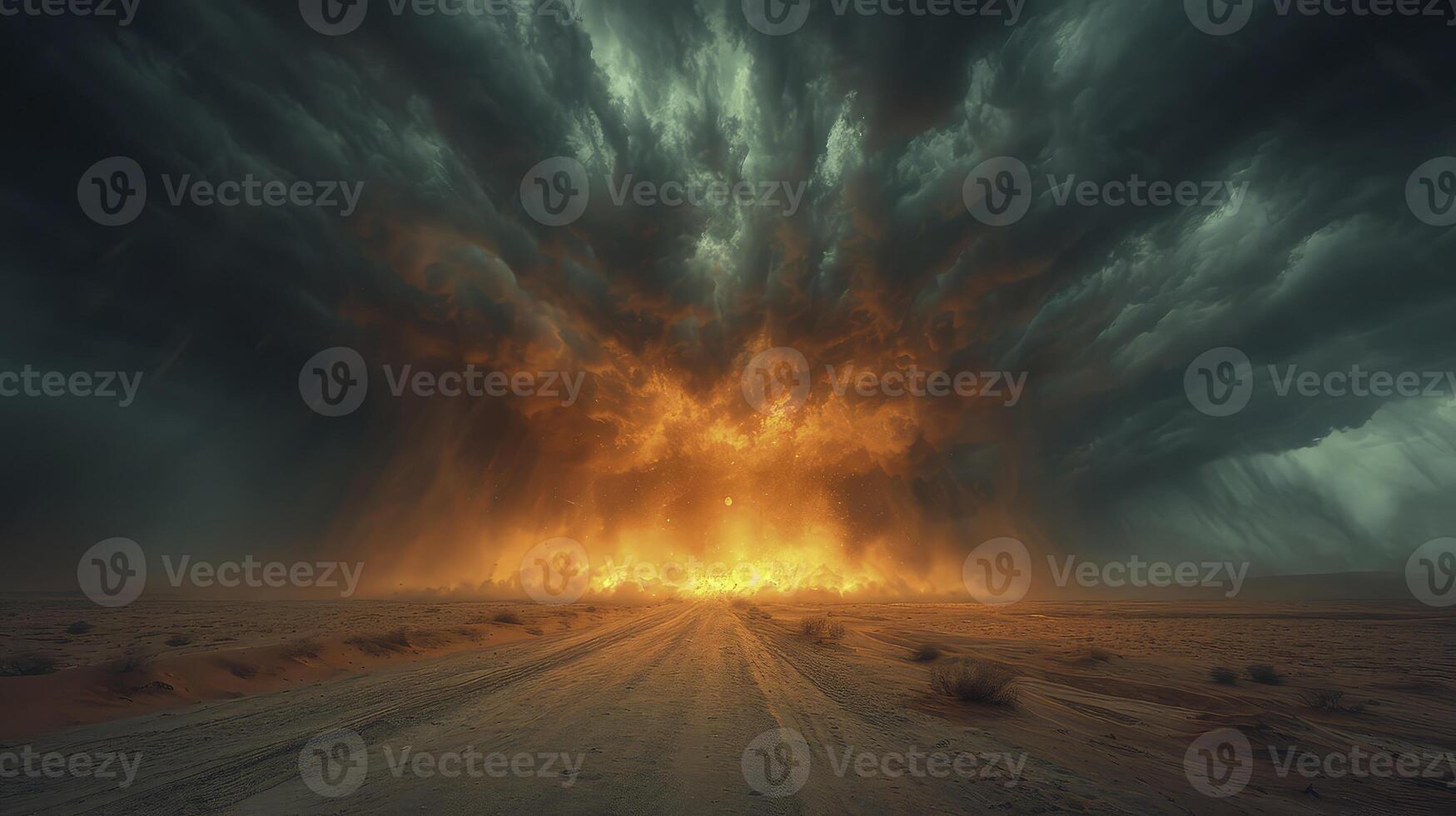 ai generado el cielo estaba oscuro con trueno retumbar, como un arena tornado cruzado el desierto. foto