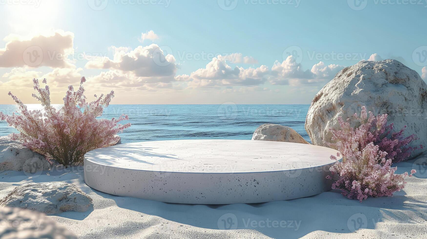 AI generated close-up a white podium in round-shaped displayed on the sand. Blue sky background. photo