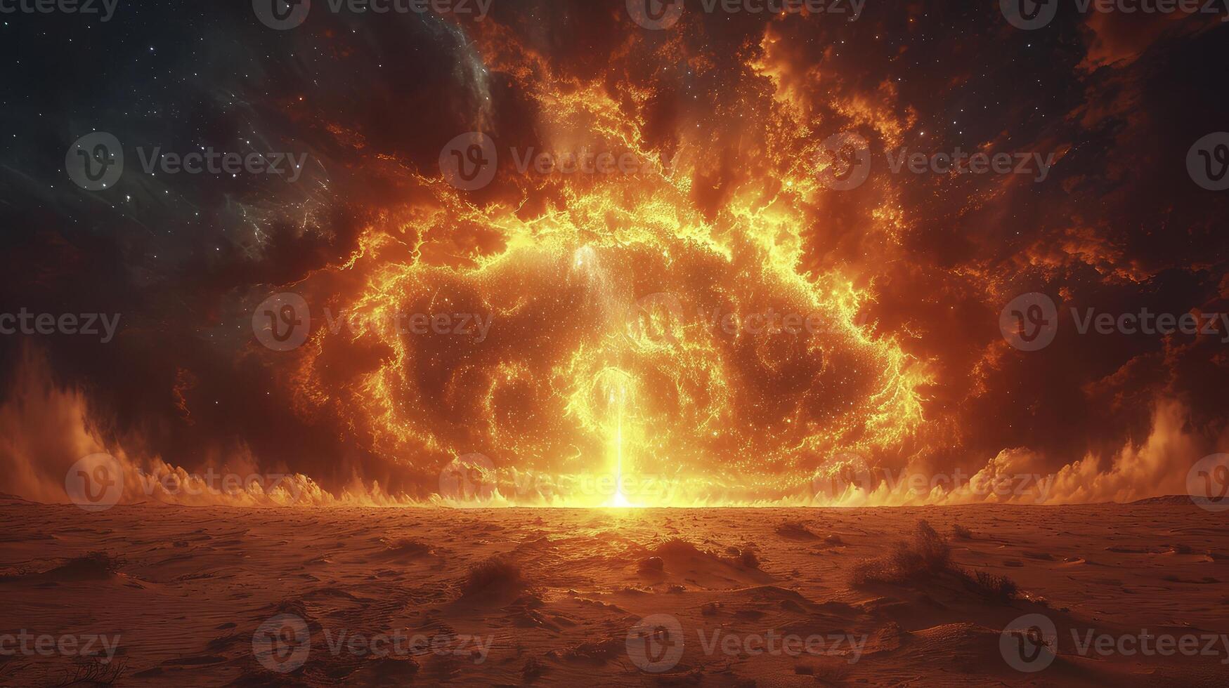 AI generated a dramatic atmosphere with sand tornadoes in the desert at night, illuminated by fiery lightning bolts. photo