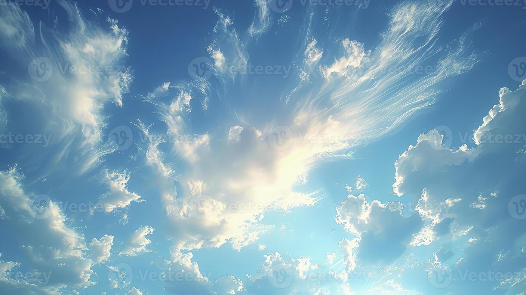 AI generated a clear blue sky scene with a trail of wispy Cirrus clouds and fine grains. photo