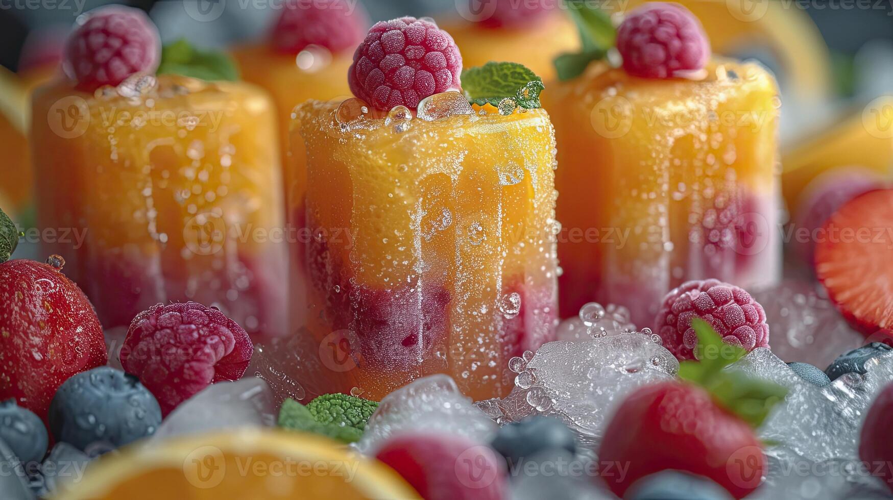 AI generated Fresh fruit popsicles on a white table. fruit popsicles, kiwi, strawberry, orange. Sweet desert background. photo