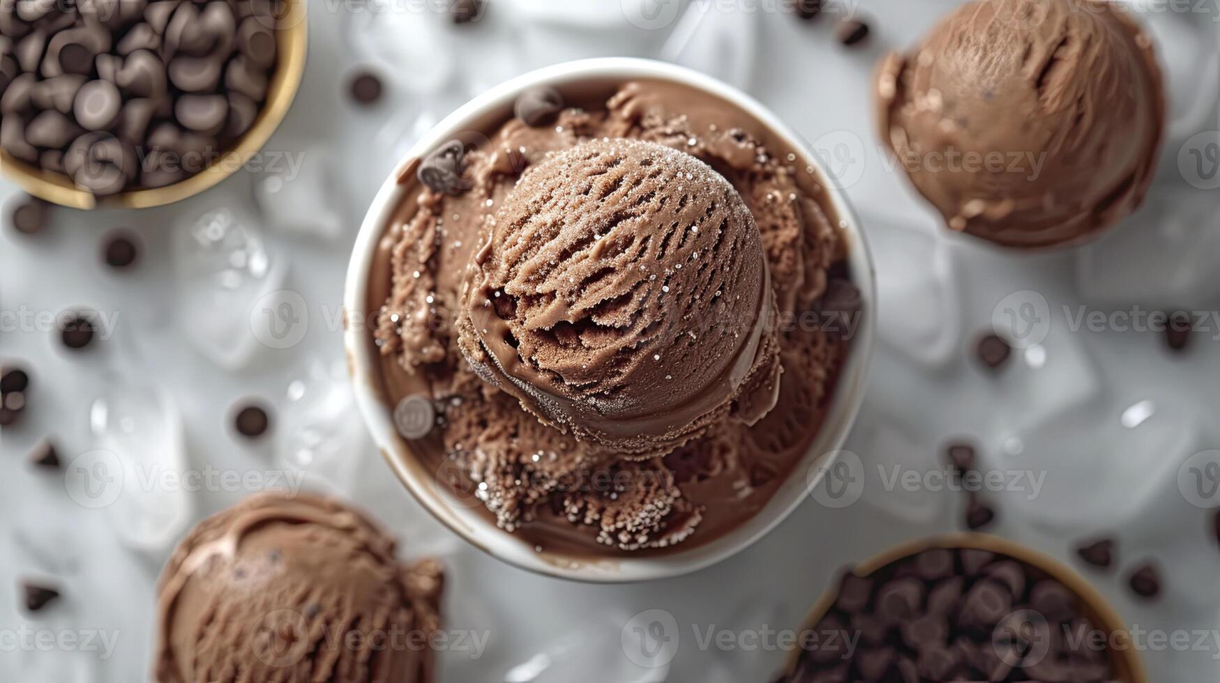 AI generated Delicious chocolate ice cream with ice cubes and choco chips, sweet dessert background. photo