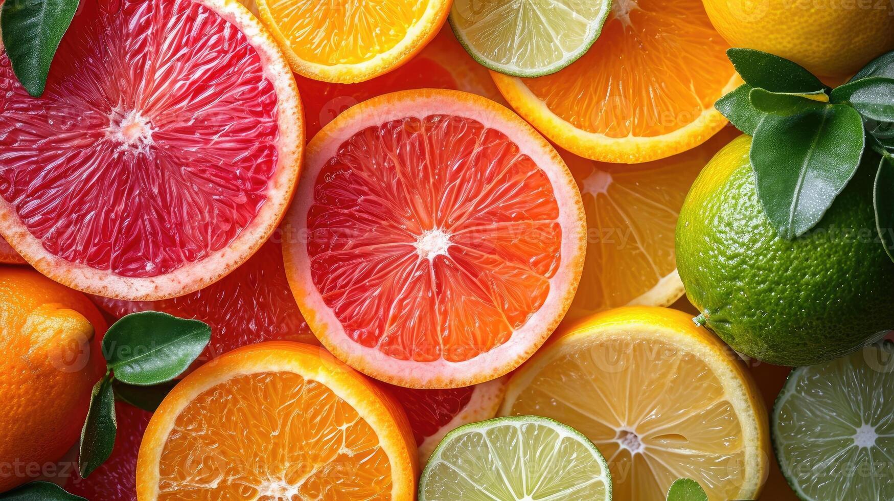 AI generated An elegant background with slices of various citrus fruits like oranges, lemons, and limes arranged artistically for a freshness. photo