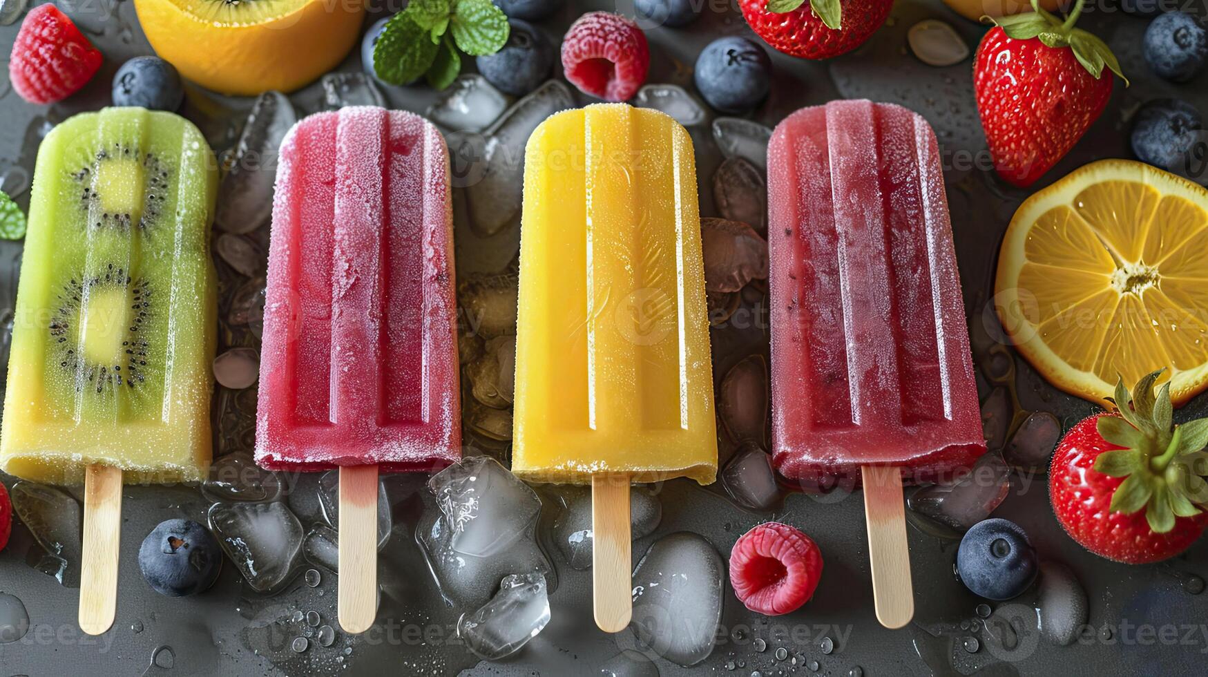 AI generated Fresh fruit popsicles on a white table. fruit popsicles, kiwi, strawberry, orange. Sweet desert background. photo