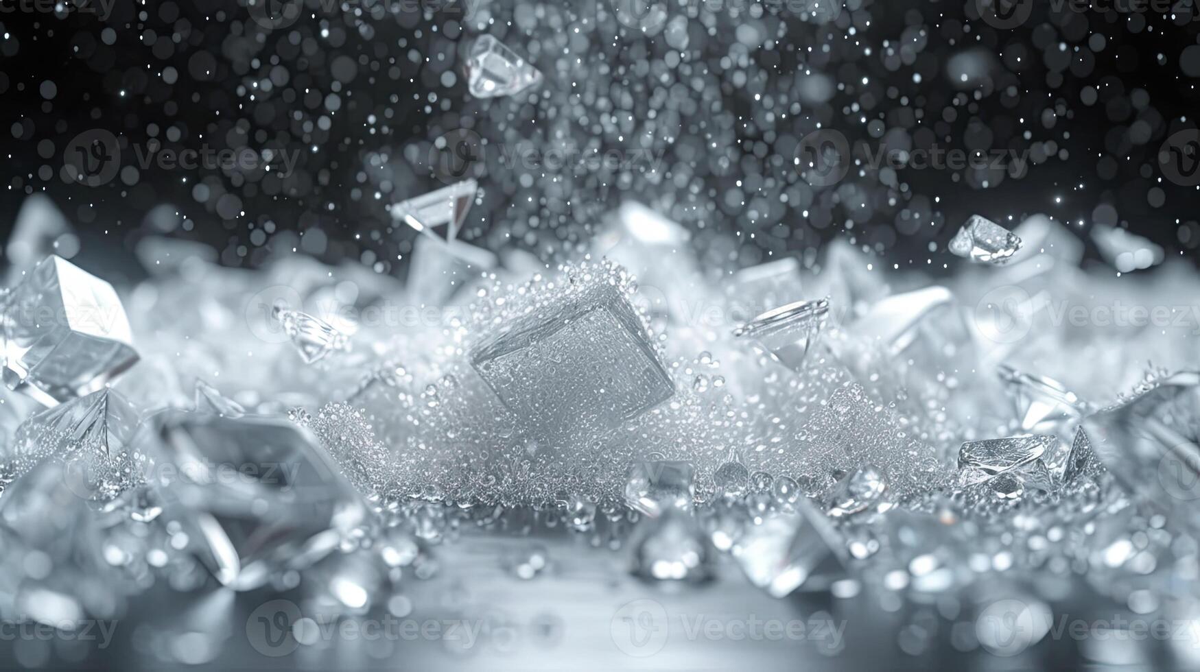 AI generated Scattered white diamonds and crystals falling from above, very shiny, clear, star powder, center composition, creative background design. Abstract Background. photo