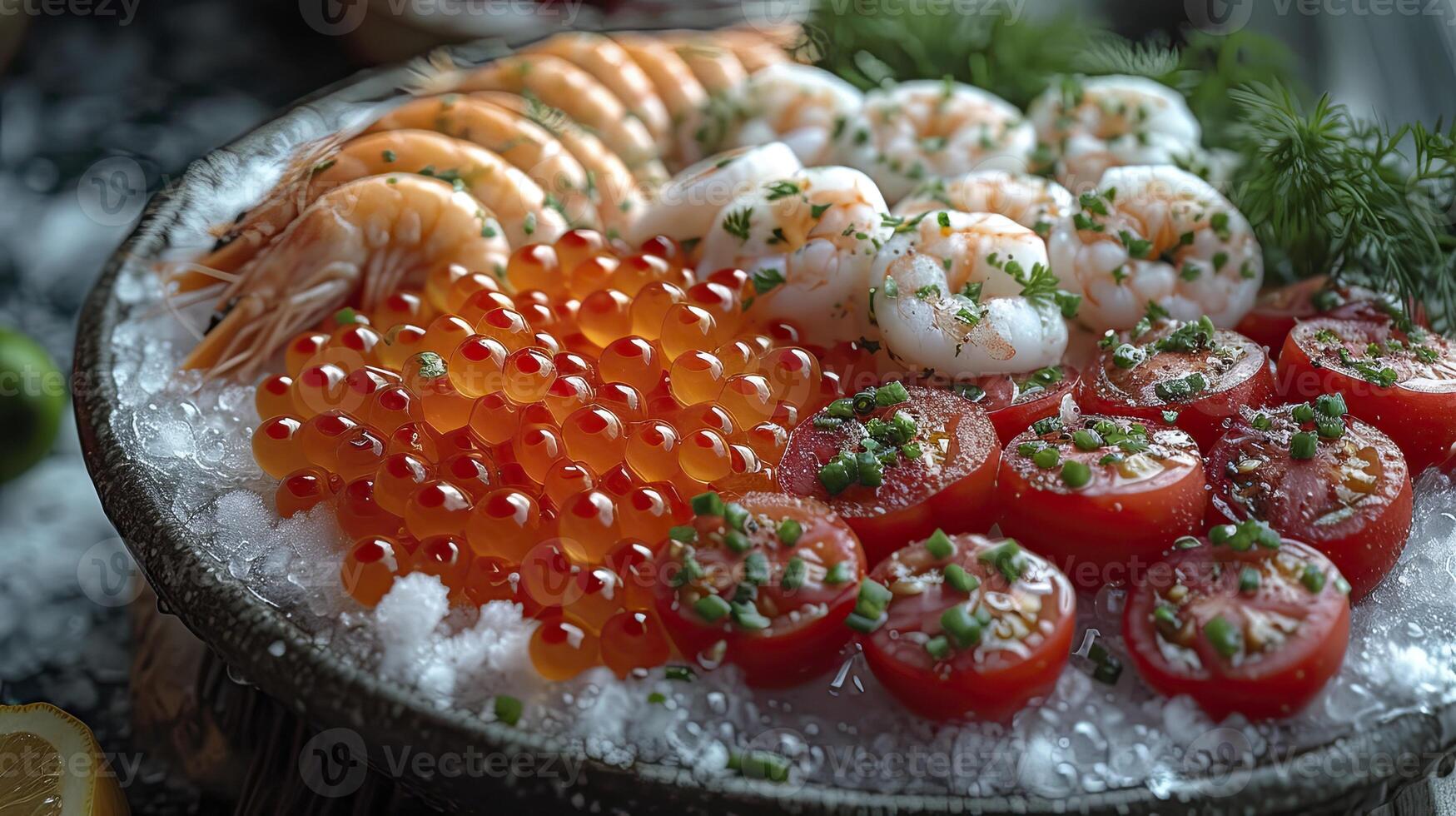 AI generated Various frozen seafood, shrimp, fish eggs, crab, photographed close up. photo
