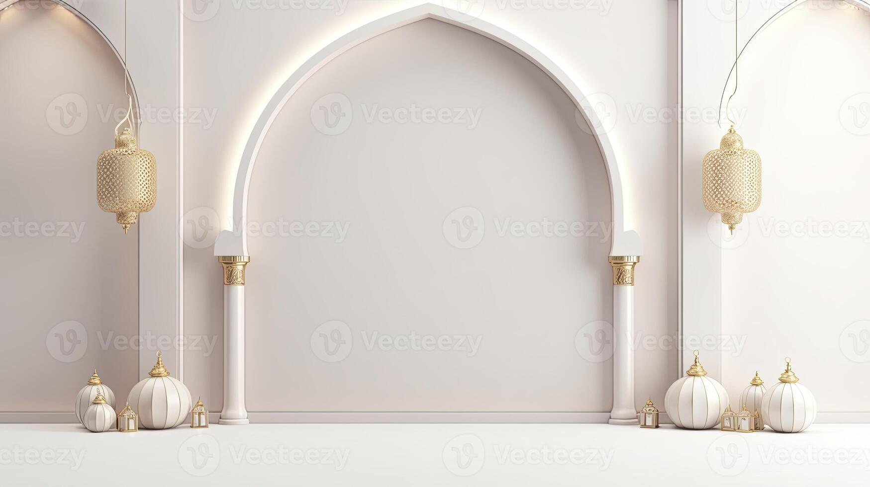 AI generated Ramadan background all white, gold accents. minimalism 3d rendering photo