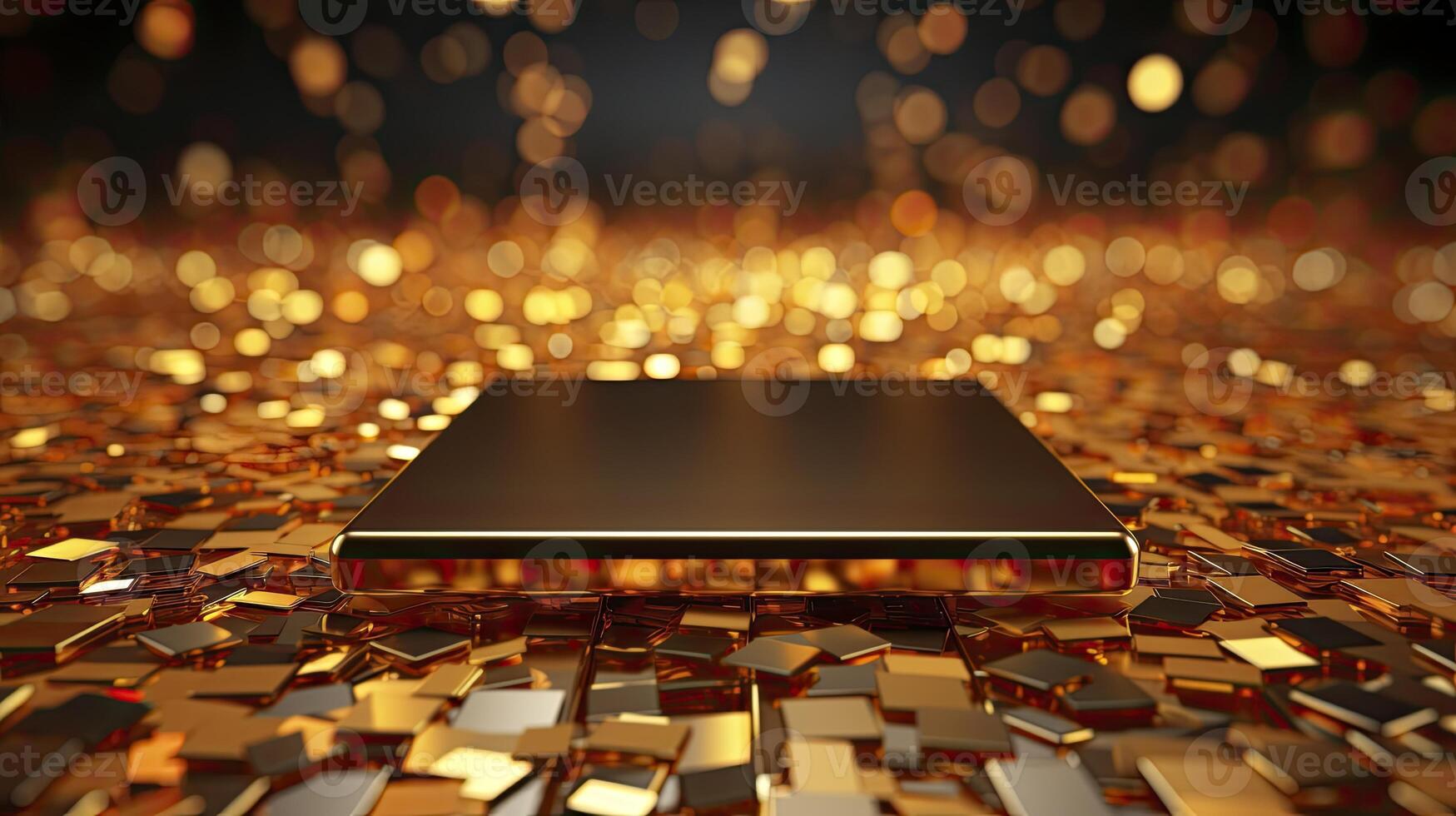AI generated Glossy golden square podium among thousands of falling golden confetti. photo