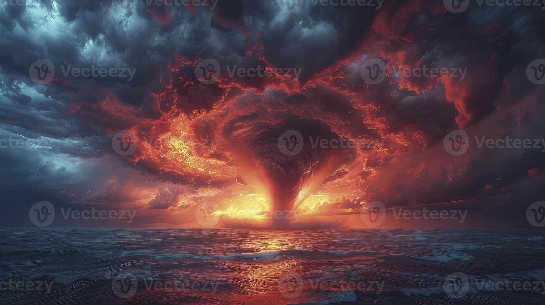 AI generated a tornado storm over the ocean at dusk, with the sky ablaze with the reddish hues of the setting sun. photo