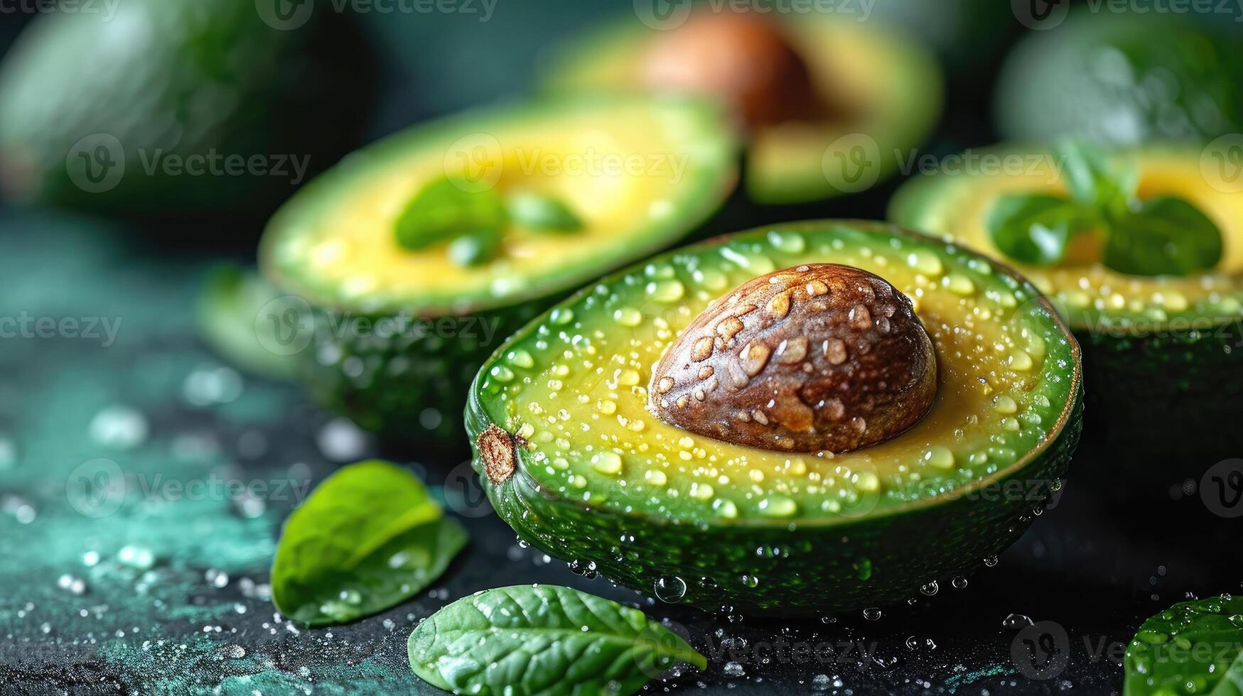AI generated Beautiful cuts of avocado, a creative layout to emphasize the fruit's softness and deliciousness, a few drops of water. photo