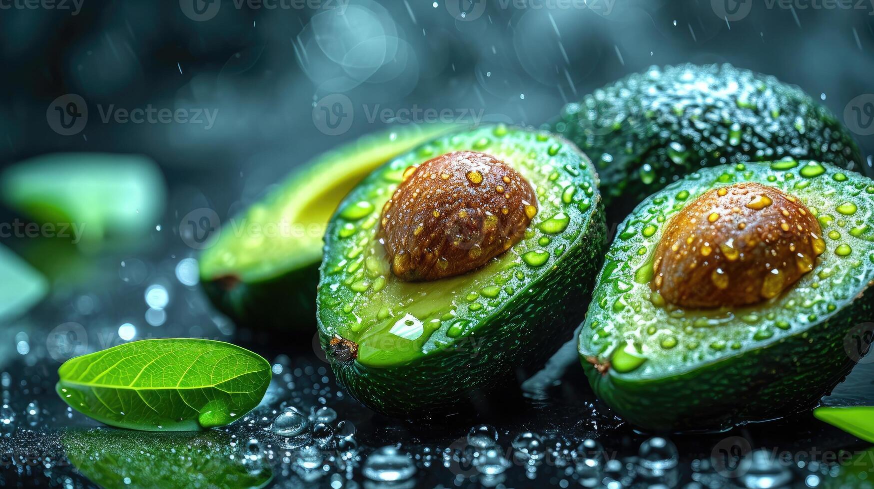 AI generated Beautiful cuts of avocado, a creative layout to emphasize the fruit's softness and deliciousness, a few drops of water. photo