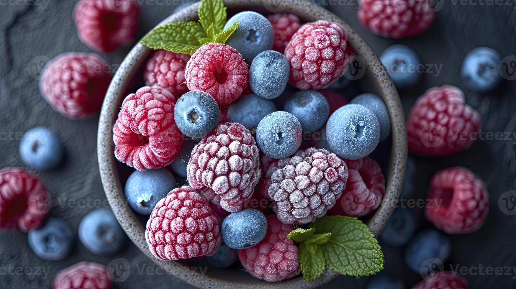 AI generated Frozen Berry Medley Strawberries, Blueberries, frozen berries background. photo