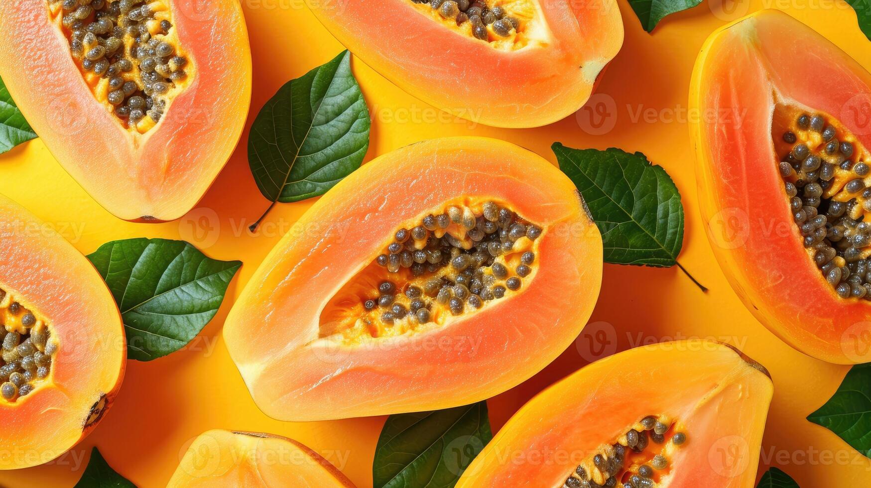 AI generated slices of papaya, a creative layout to highlight the fruit's freshness and deliciousness, direct top view. photo