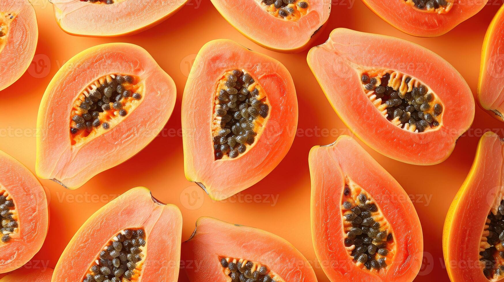 AI generated slices of papaya, a creative layout to highlight the fruit's freshness and deliciousness, direct top view. photo