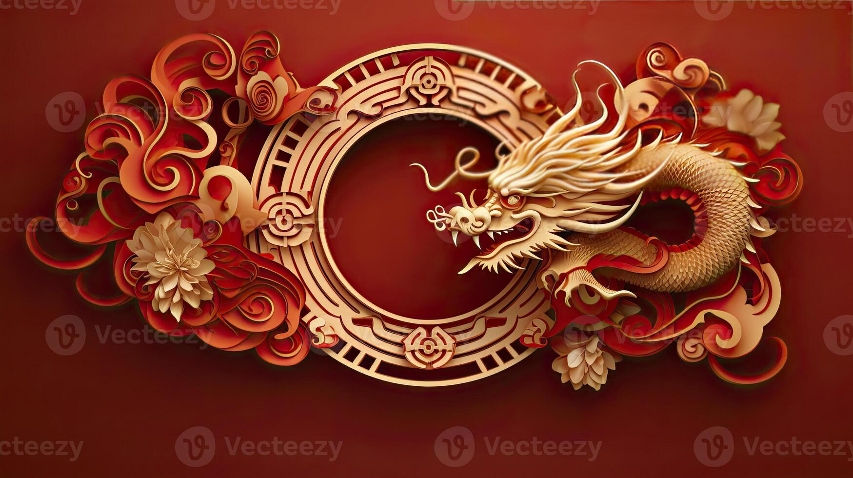 AI generated Happy chinese new year the dragon zodiac sign with flower,lantern,asian elements gold paper cut style. photo