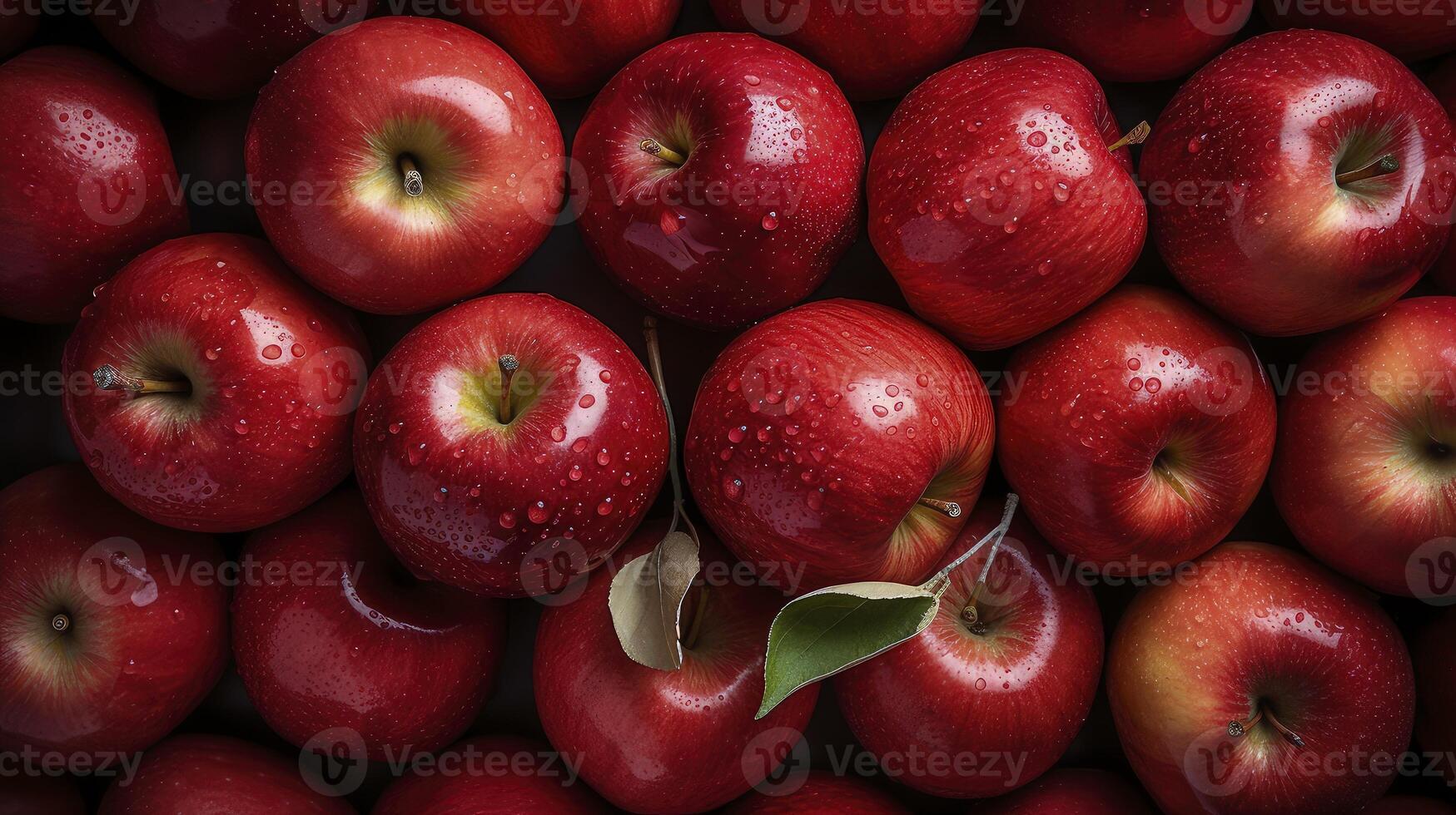 AI generated Red apples background, wet with water droplets, are piled into a large container and photographed from above. photo