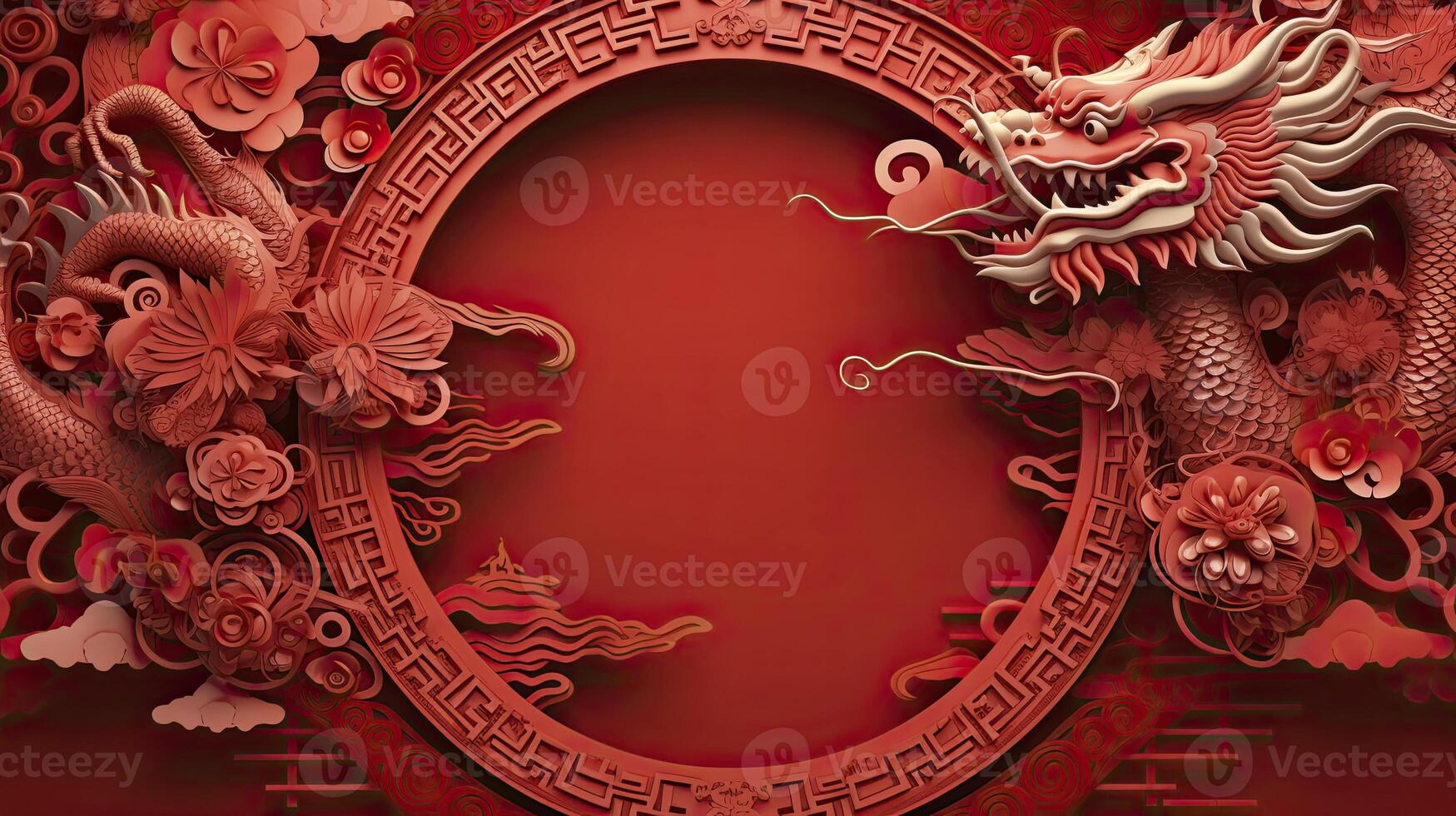 AI generated Chinese New Year theme plain background with dragon sign, typical Chinese frames on each side. luxury style of paper cut art. photo