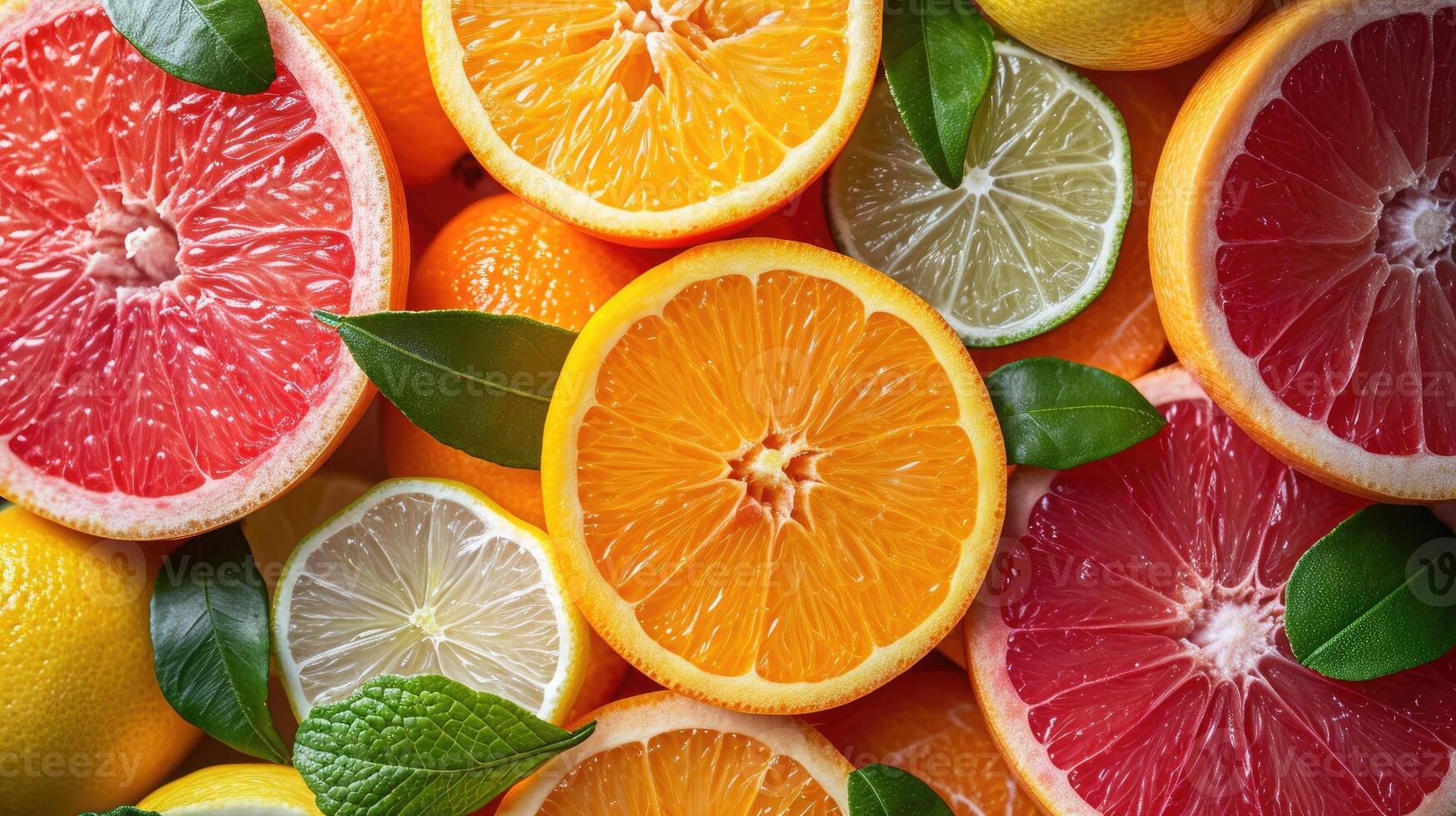 AI generated An elegant background with slices of various citrus fruits like oranges, lemons, and limes arranged artistically for a freshness. photo