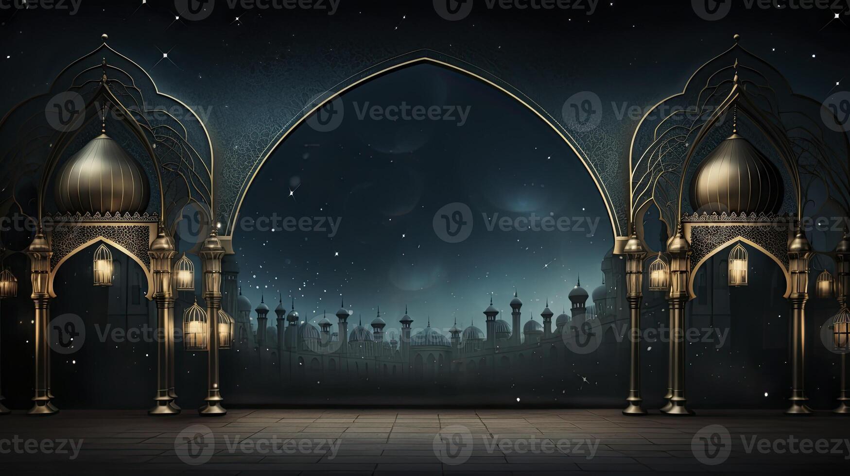 AI generated Ramadan background, free space, Art Deco, dark blue background photo