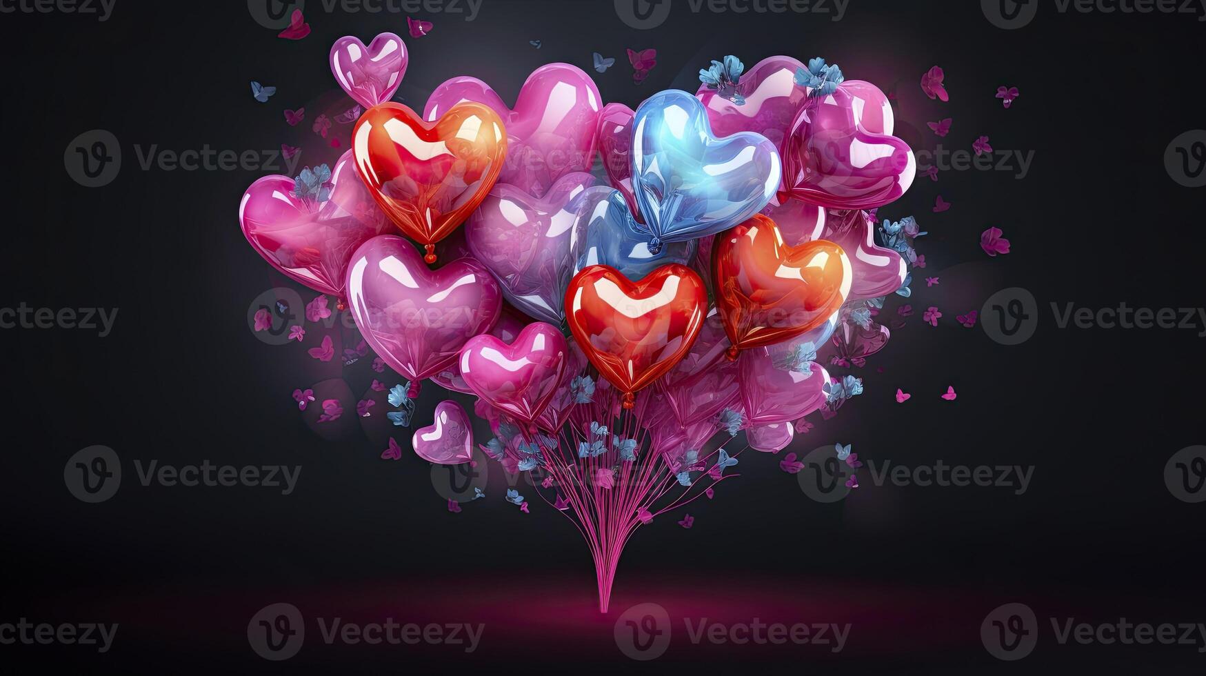 AI generated colorful and transparent balloons floating. sparkling soft glow. valentine background. photo