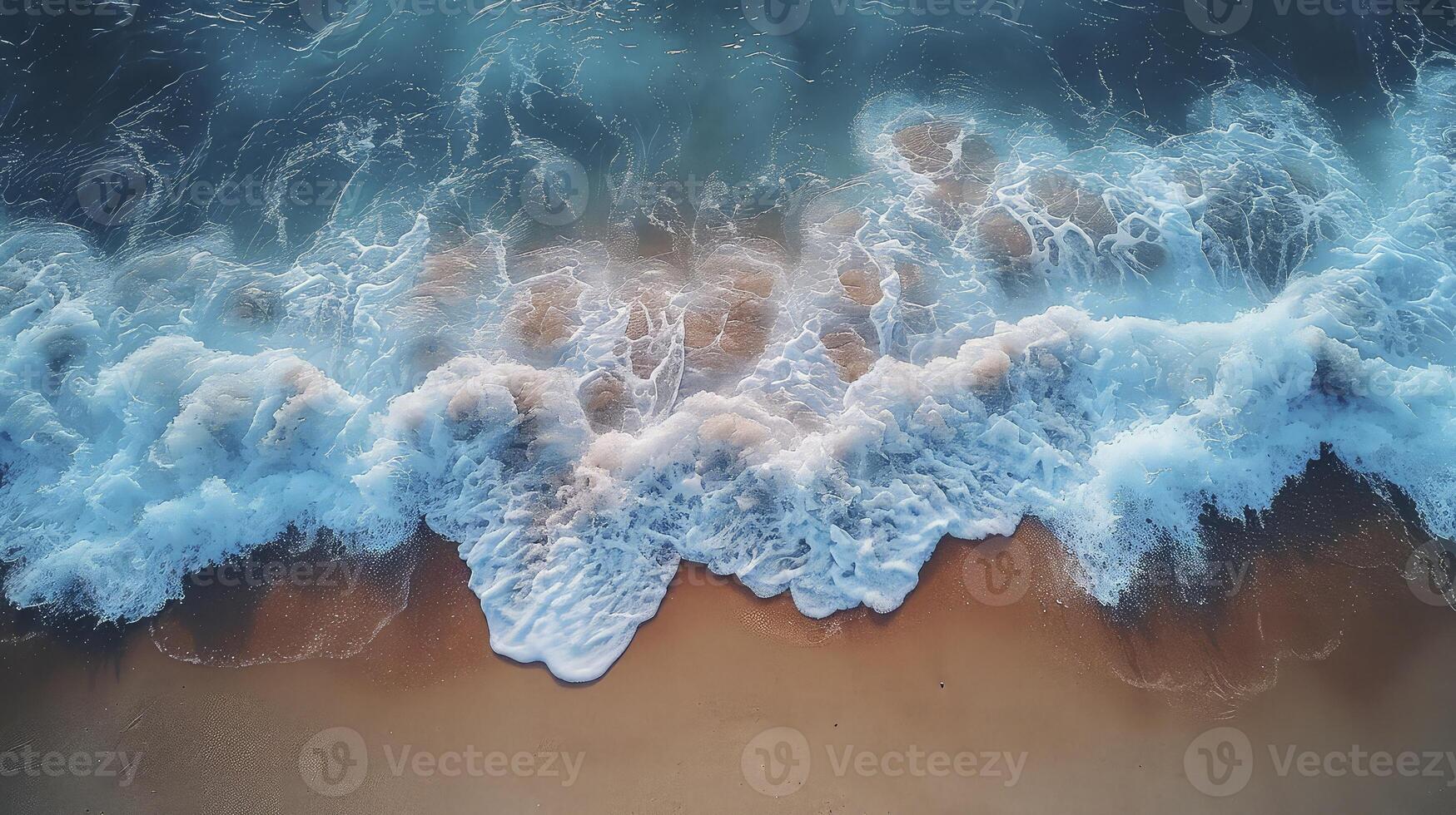 AI generated Beautiful blue ocean waves on clean sandy beach background. Summer vacation background concept. photo