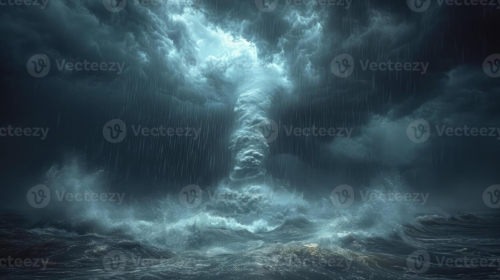 AI generated a tornado storm in a tropical ocean accompanied by heavy rain and strong winds. photo