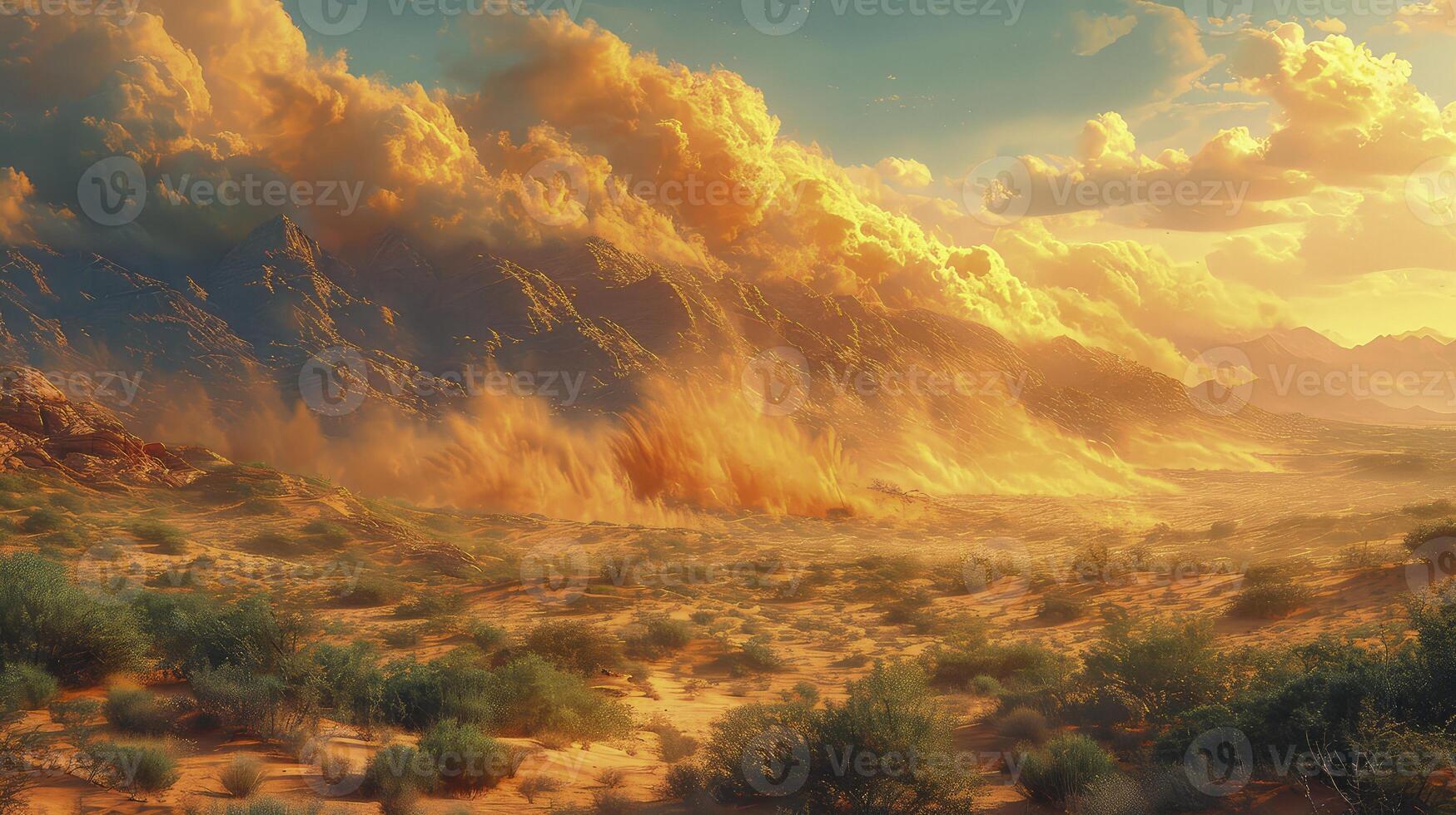 AI generated sand tornadoes in the desert surrounded by green oasis views. photo