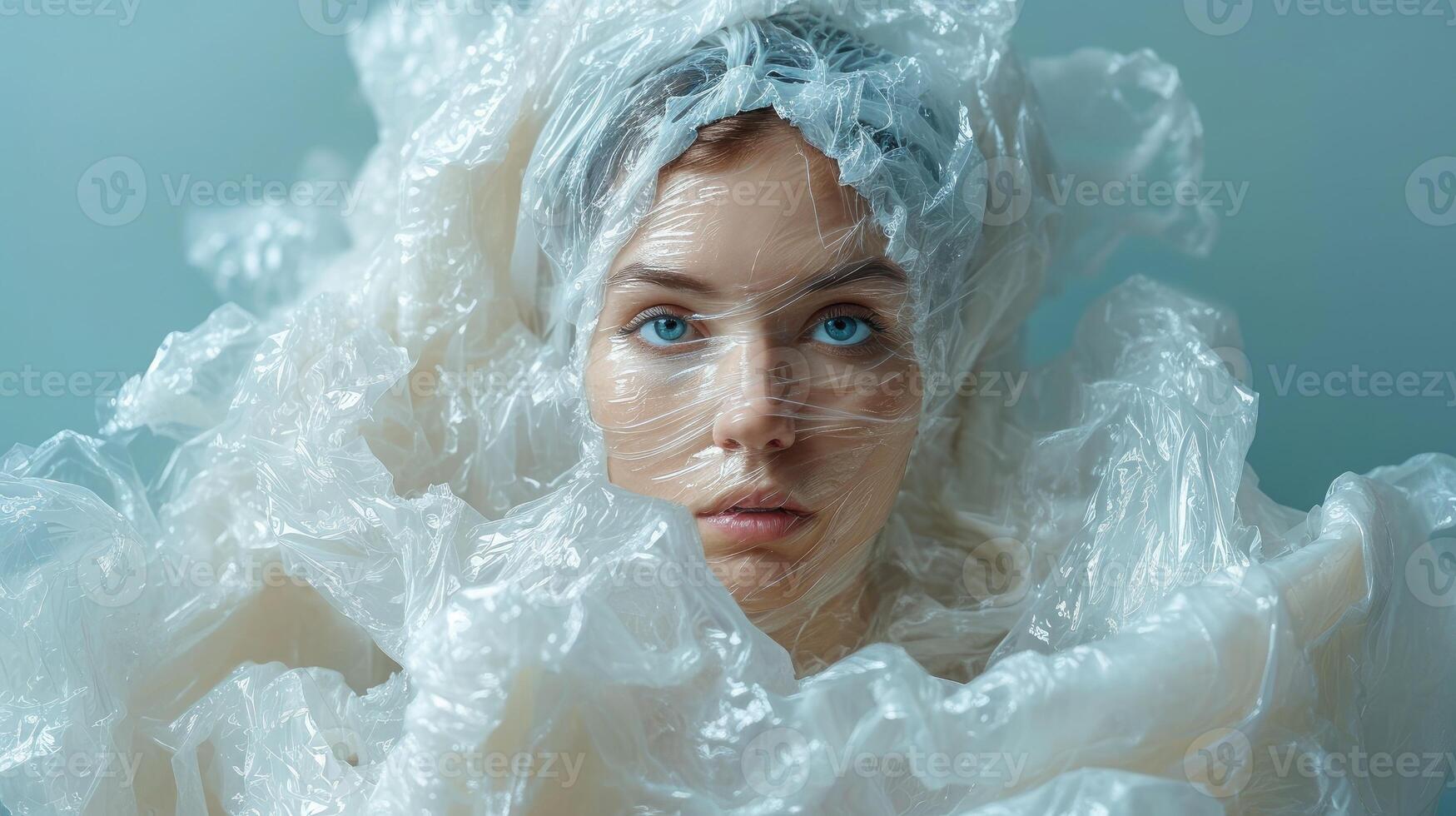 AI generated Surrealism illustration of a woman wrapped in plastic. Limitations of Expression. Loss of Identity or Equality. The Symbolism of Clarity and Obscurity photo