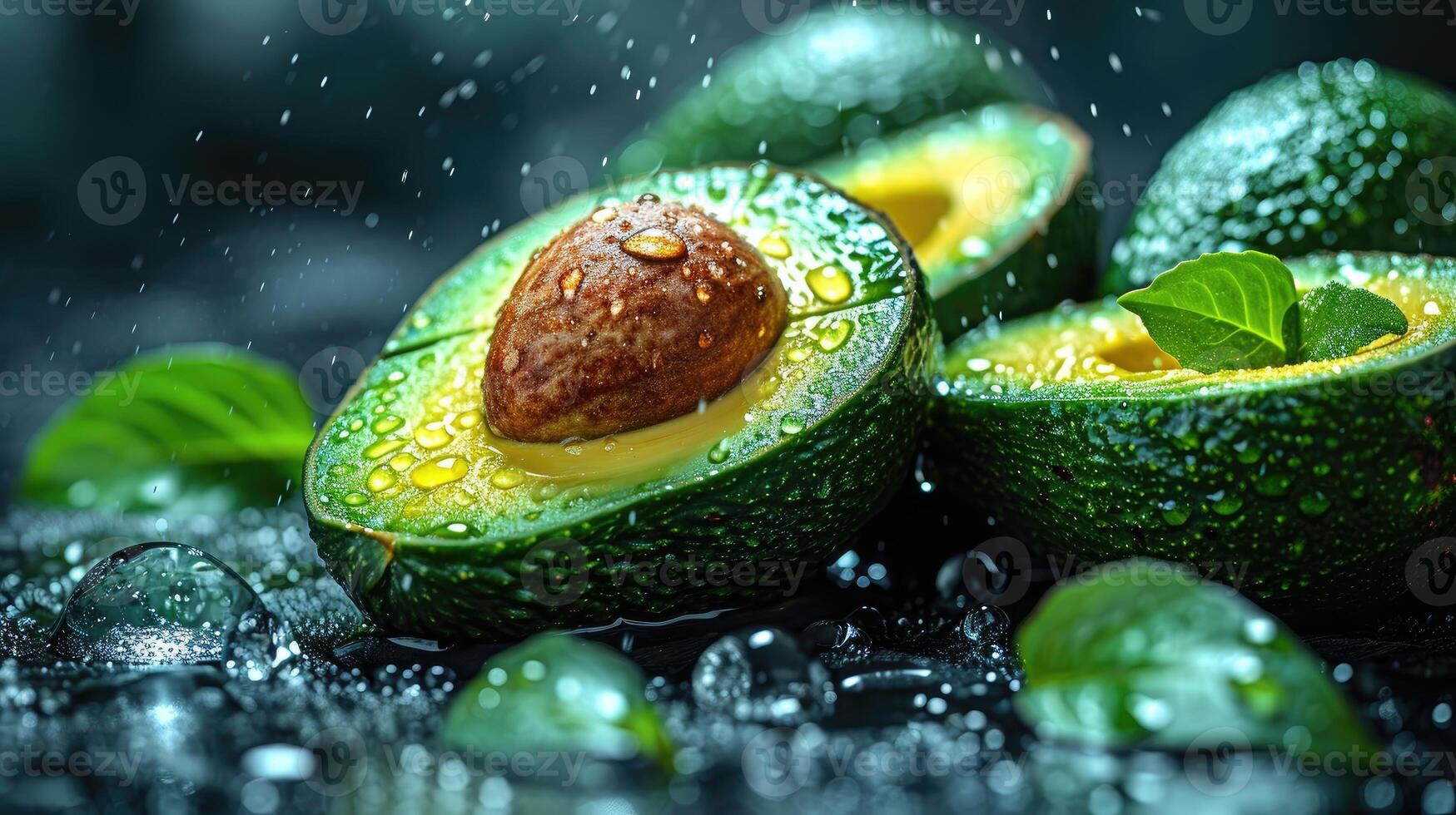 AI generated Beautiful cuts of avocado, a creative layout to emphasize the fruit's softness and deliciousness, a few drops of water. photo