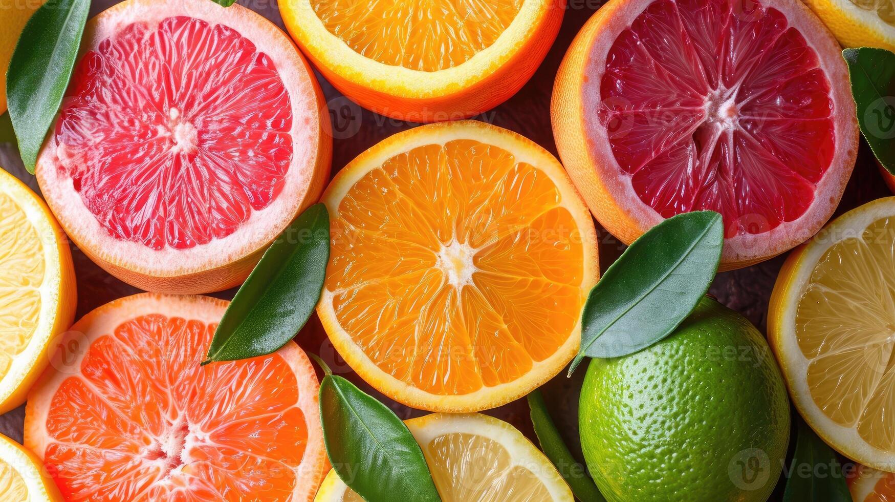 AI generated An elegant background with slices of various citrus fruits like oranges, lemons, and limes arranged artistically for a freshness. photo