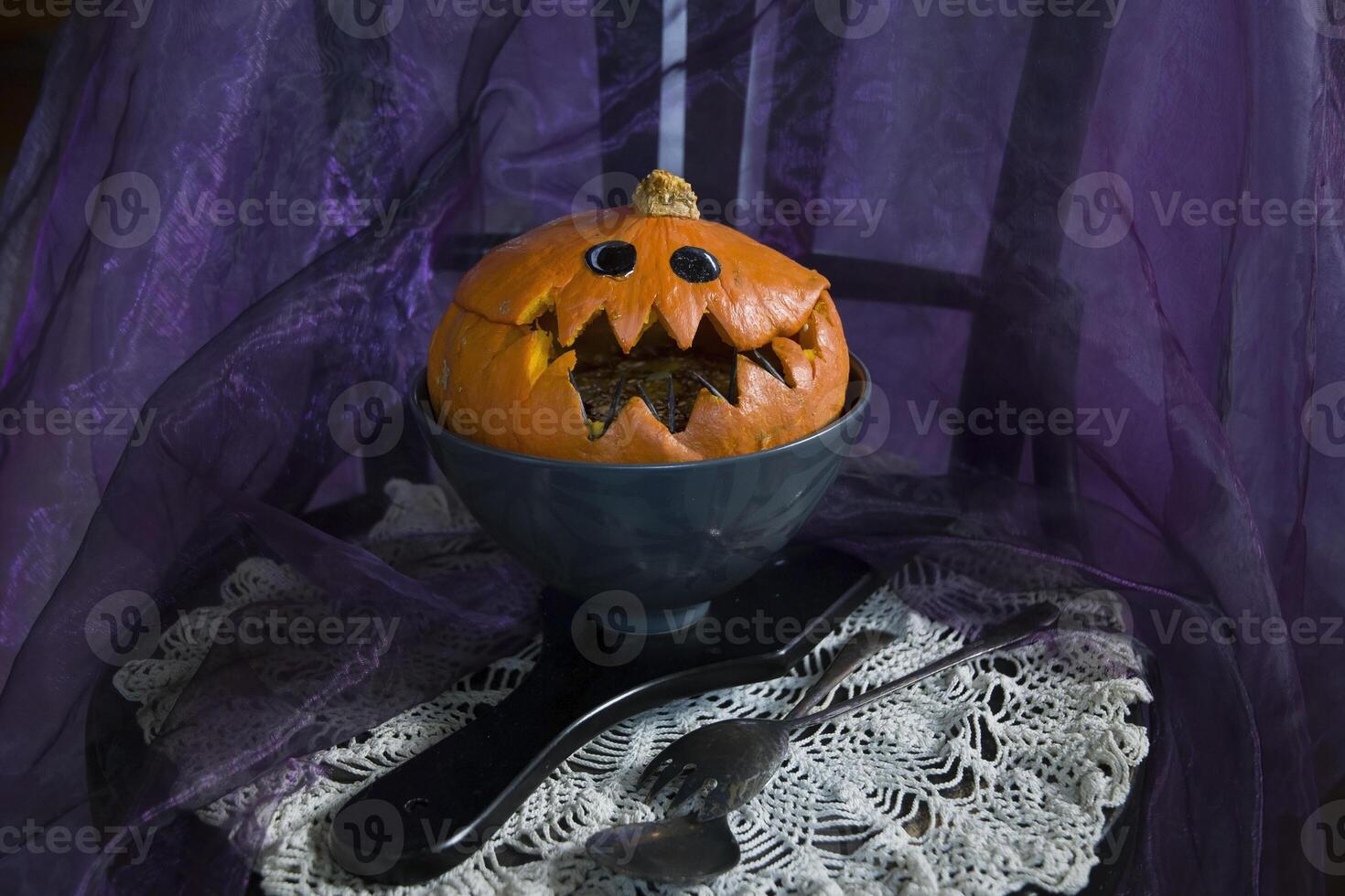 Halloween Pumpkin head, pumpkin with teeth and eyes, selective focus, photo