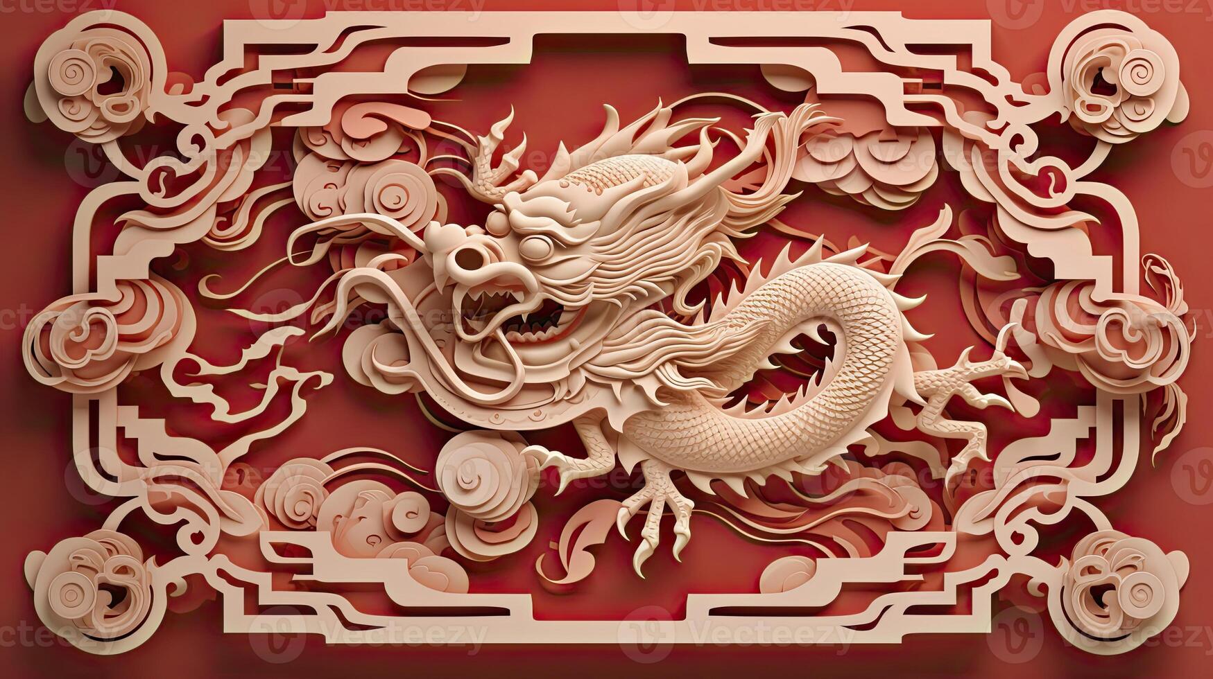 AI generated Chinese New Year theme plain background with dragon sign, typical Chinese frames on each side. luxury style of paper cut art. photo