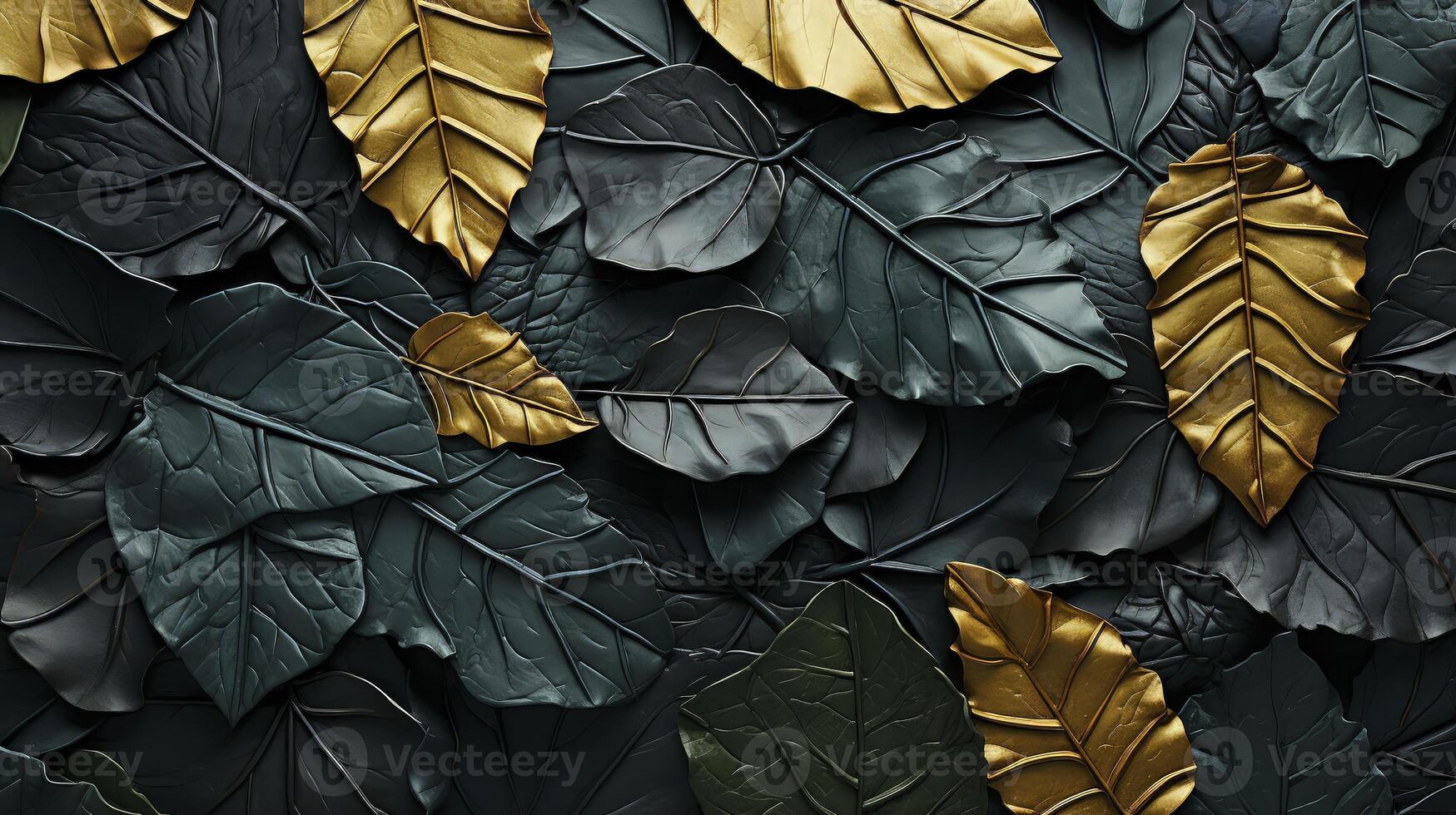 AI generated Black and gold leaf background. Elegant abstract background. photo