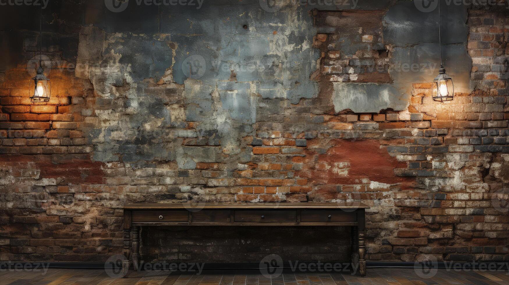 AI generated Industrial backdrop. Empty room with wooden table and brick wall behind it. photo