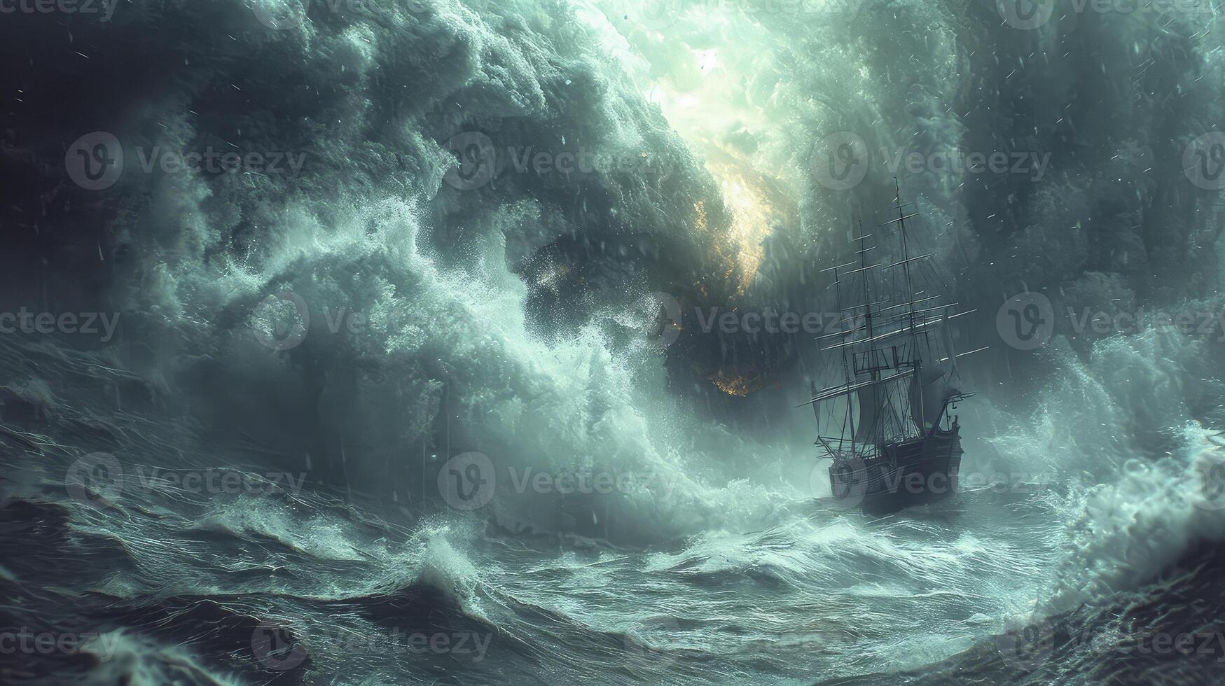 AI generated a tornado storm at sea with a ship bobbing amidst huge waves. photo