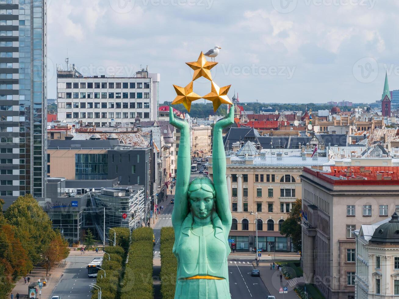 Amazing Aerial View of the Statue of Liberty Milda in Riga photo