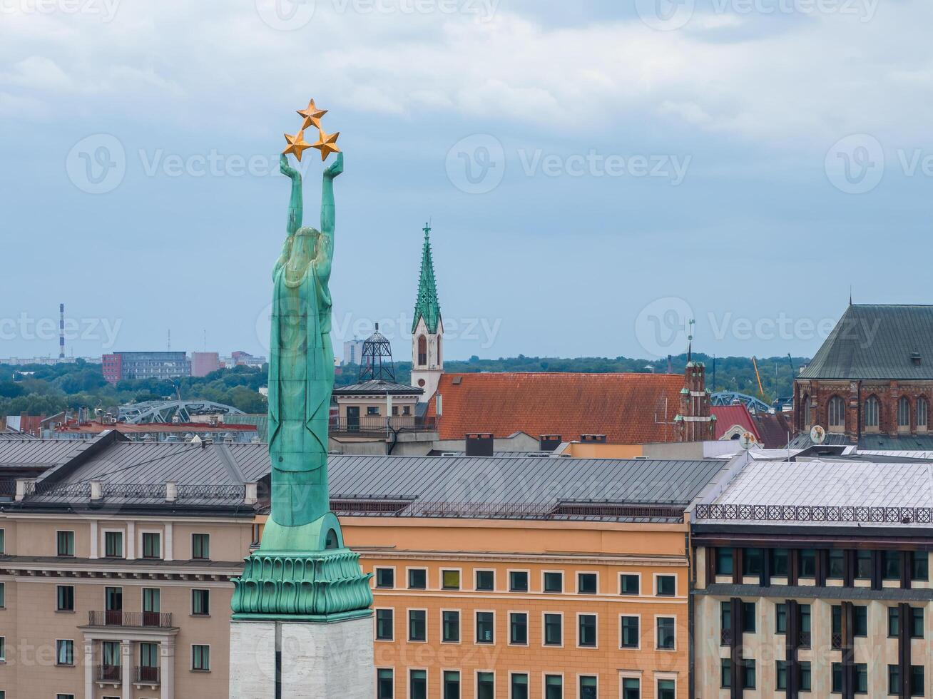 Amazing Aerial View of the Statue of Liberty Milda in Riga photo