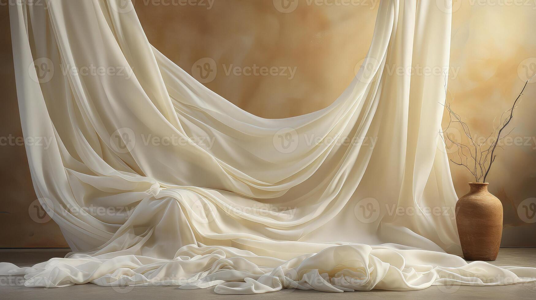 AI generated Messy white silk fabric backdrop with dramatic lighting. photo