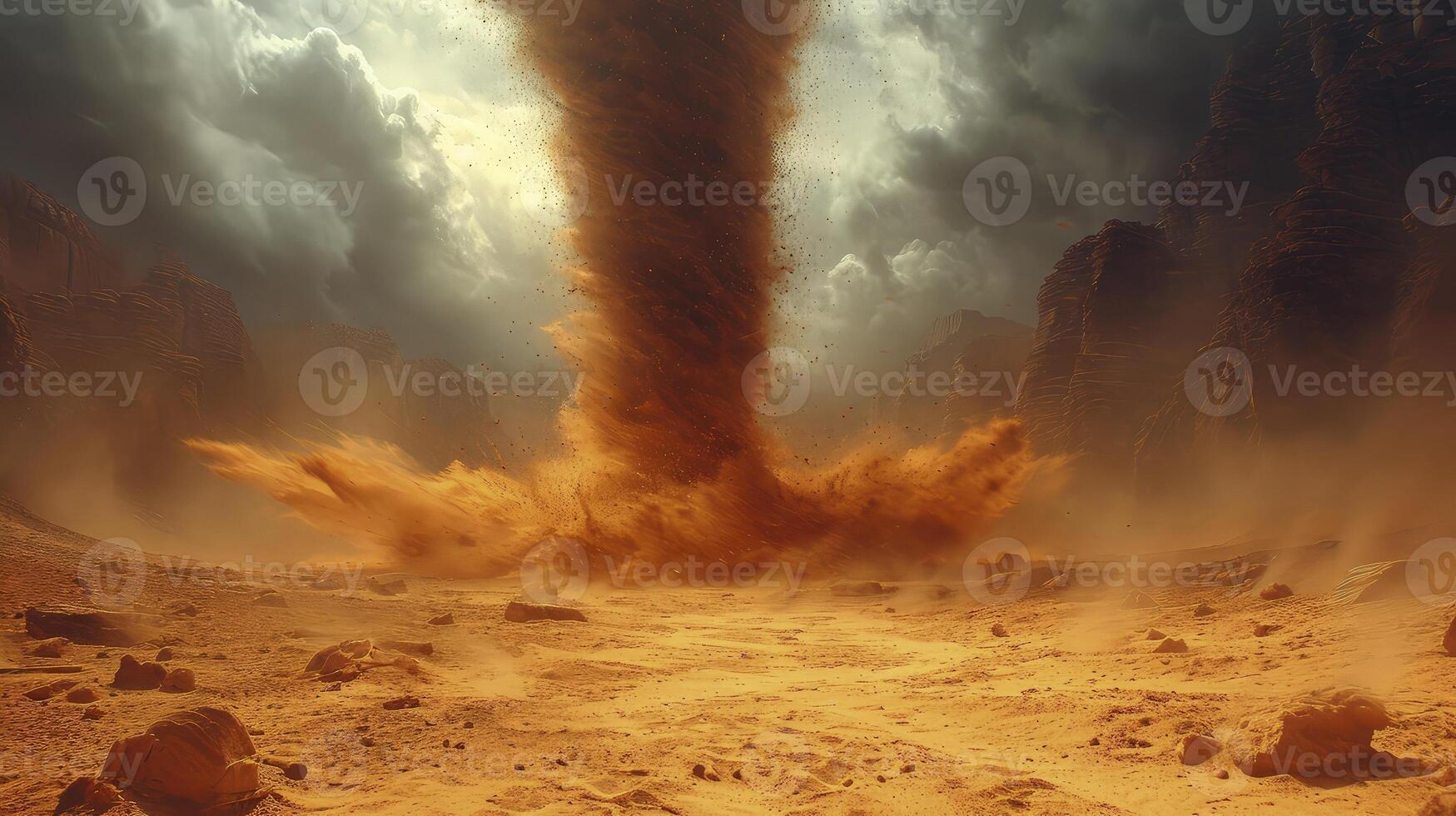 AI generated a sand tornado in the middle of a bright desert during the day, with sand passing through the air. photo