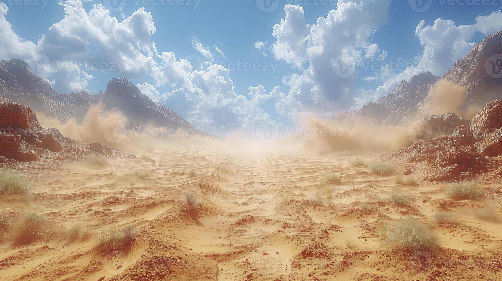 AI generated sand tornadoes in the desert surrounded by green oasis views. photo